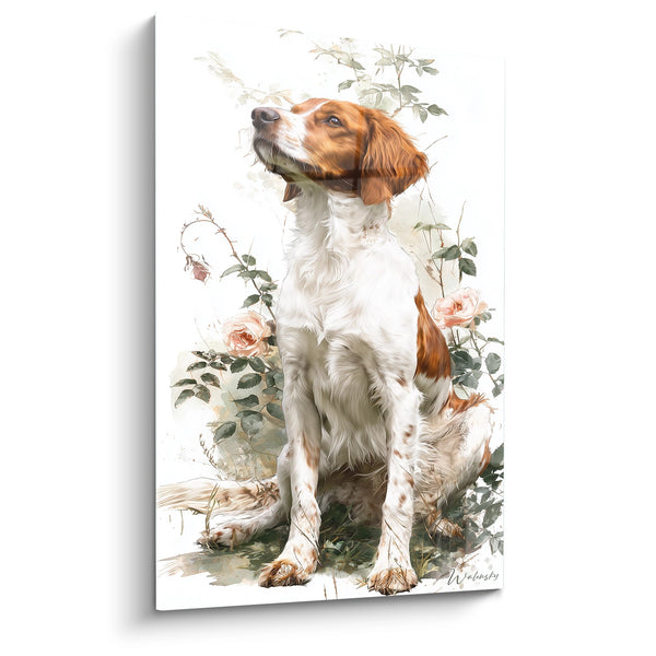 Cuadro de Braco Español Sentado en Jardín Floral - Retrato Elegante - Edición Braco Español
