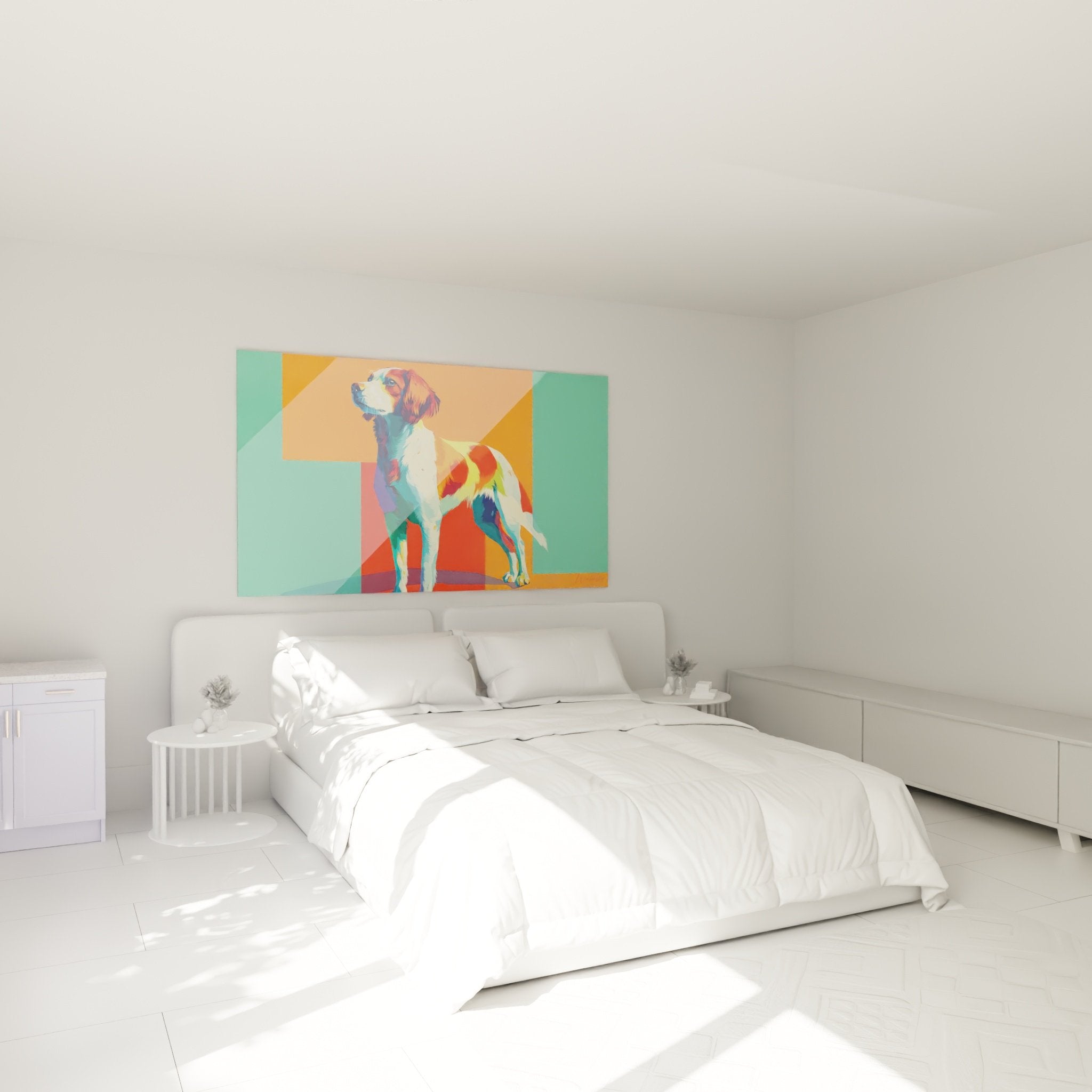 Tableau Epagneul Breton pop art dans chambre moderne, couleurs vives orange turquoise, décoration murale