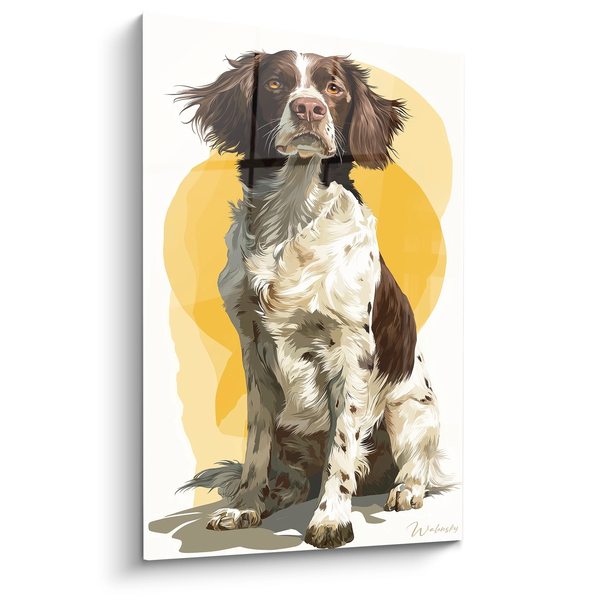 Portrait artistique Épagneul Breton assis fond jaune doré regard expressif pelage tricolore style moderne