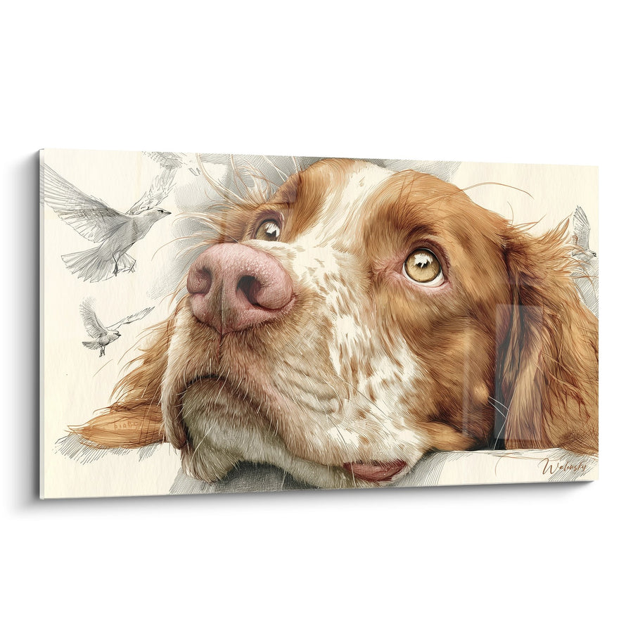 Tableau Chien Roux aux Yeux Dorés regardant des Oiseaux - Regard Captivant - Edition Epagneul Breton