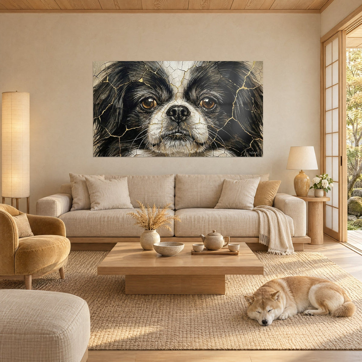 Cuadro perro Spaniel japonés de mirada ámbar, grietas doradas sobre pelaje blanco y negro, Shiba dormido encima de un sofá en un salón luminoso