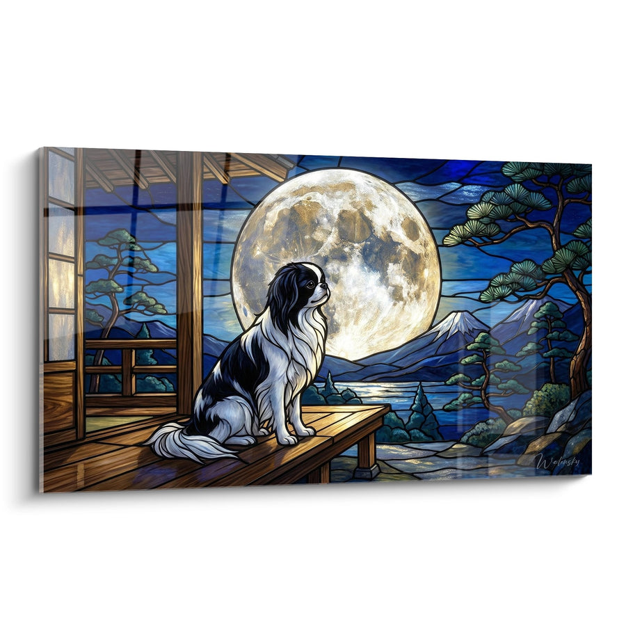 Tableau Épagneul Japonais contemplant la lune depuis une terrasse japonaise - Sérénité Nocturne - Edition Epagneul Japonais