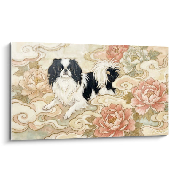 Cuadro de Perro Negro y Blanco sobre Nubes Doradas con Peonías Rosas - Reverie Celeste - Edición Shiba Inu