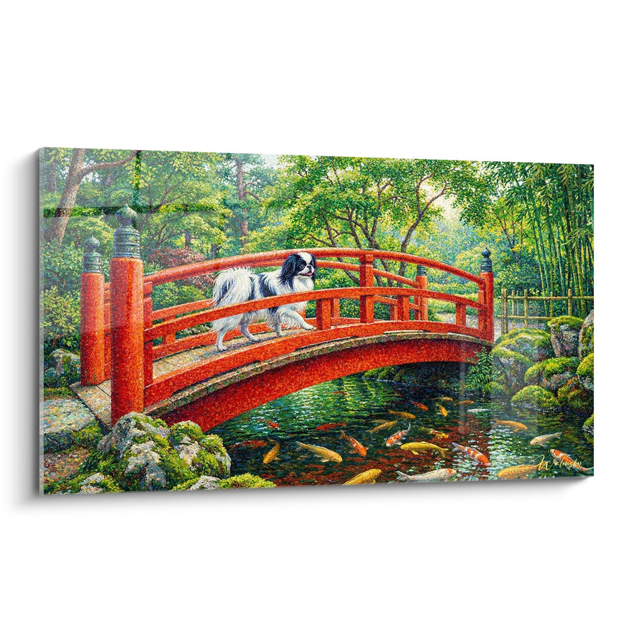 Tableau Chien Élégant sur Pont Rouge Japonais dans Jardin Zen - Sérénité Orientale - Edition Epagneul Japonais