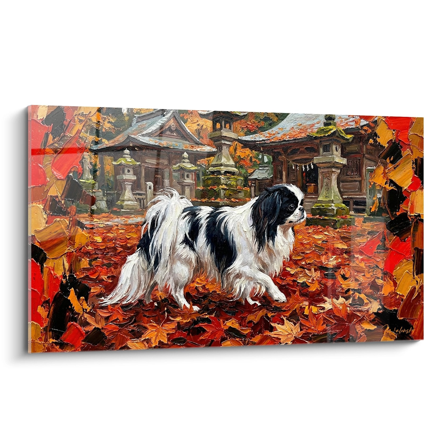 Spaniel giapponese nero e bianco in tempio autunno foglie rosse dorate arte giapponese quadro