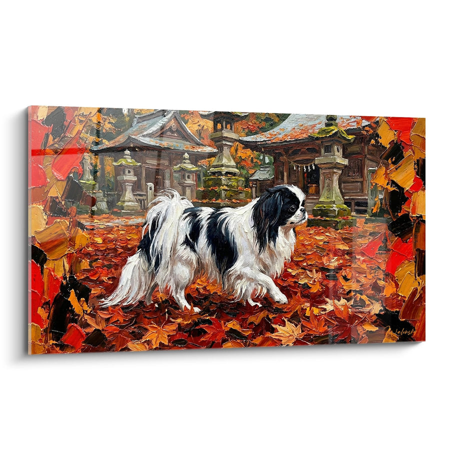 Tableau Épagneul Japonais dans un Temple d'Automne aux Feuilles Rouges et Dorées - Sérénité Nipponne - Edition Epagneul Japonais