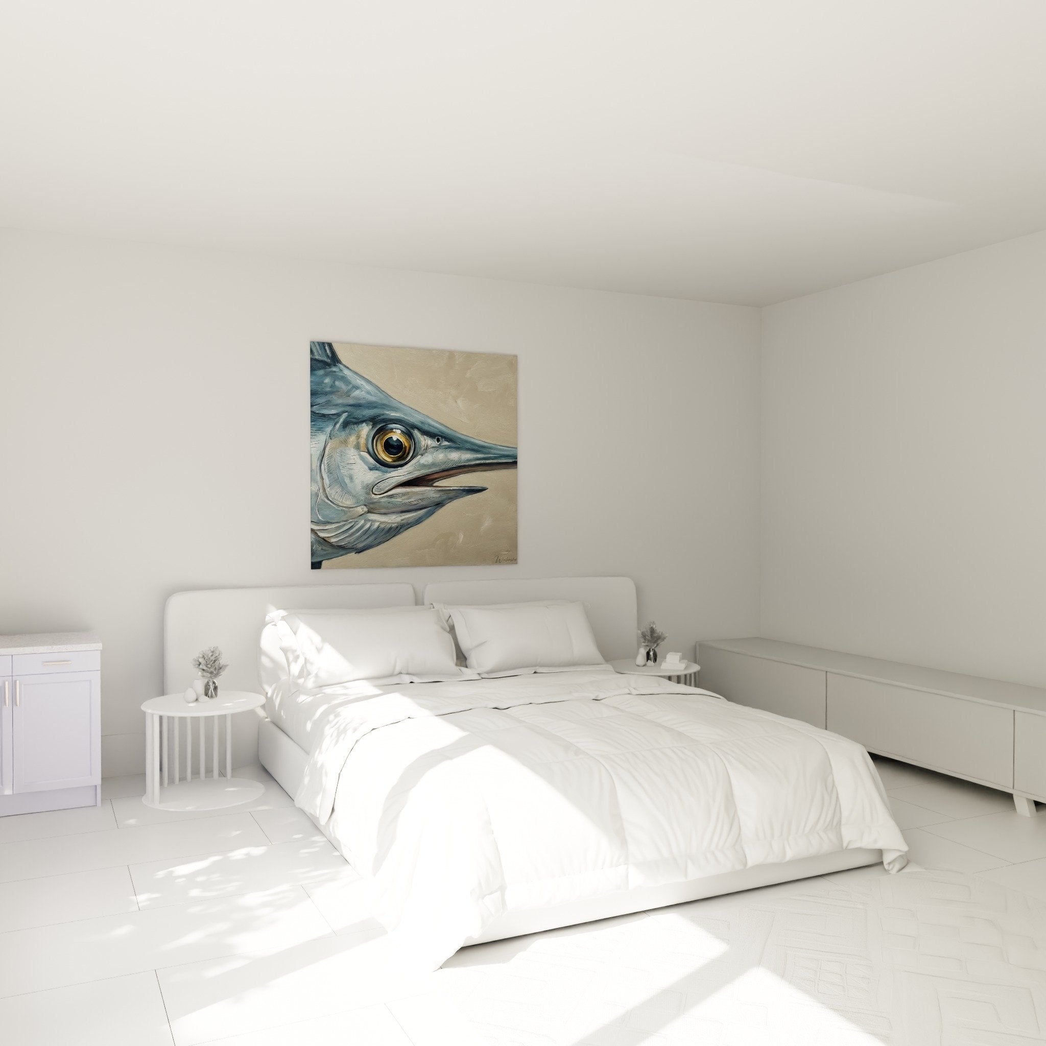 Blaues goldenes Schwertfisch-Gemälde an Schlafzimmerwand gehängt elegante maritime Dekoration beruhigende natürliche Atmosphäre