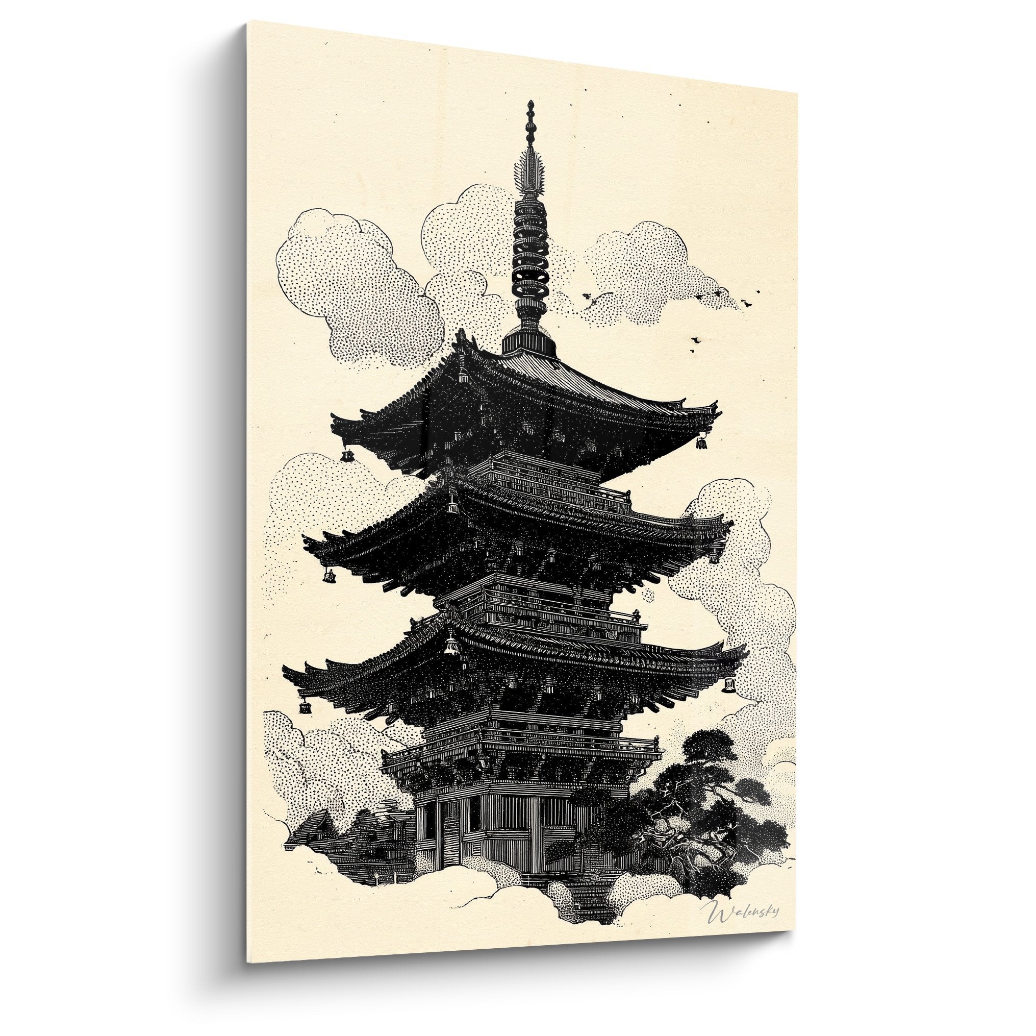 Asian pagoda print five-tier black white dotted clouds traditional oriental art