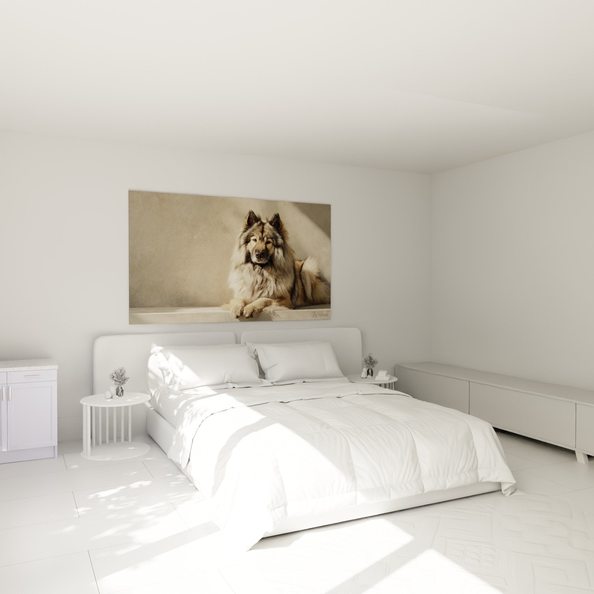 Eurasier in Beigetönen in modernem Schlafzimmer ausgestellt - beruhigende Wanddekoration im zeitgenössischen Stil