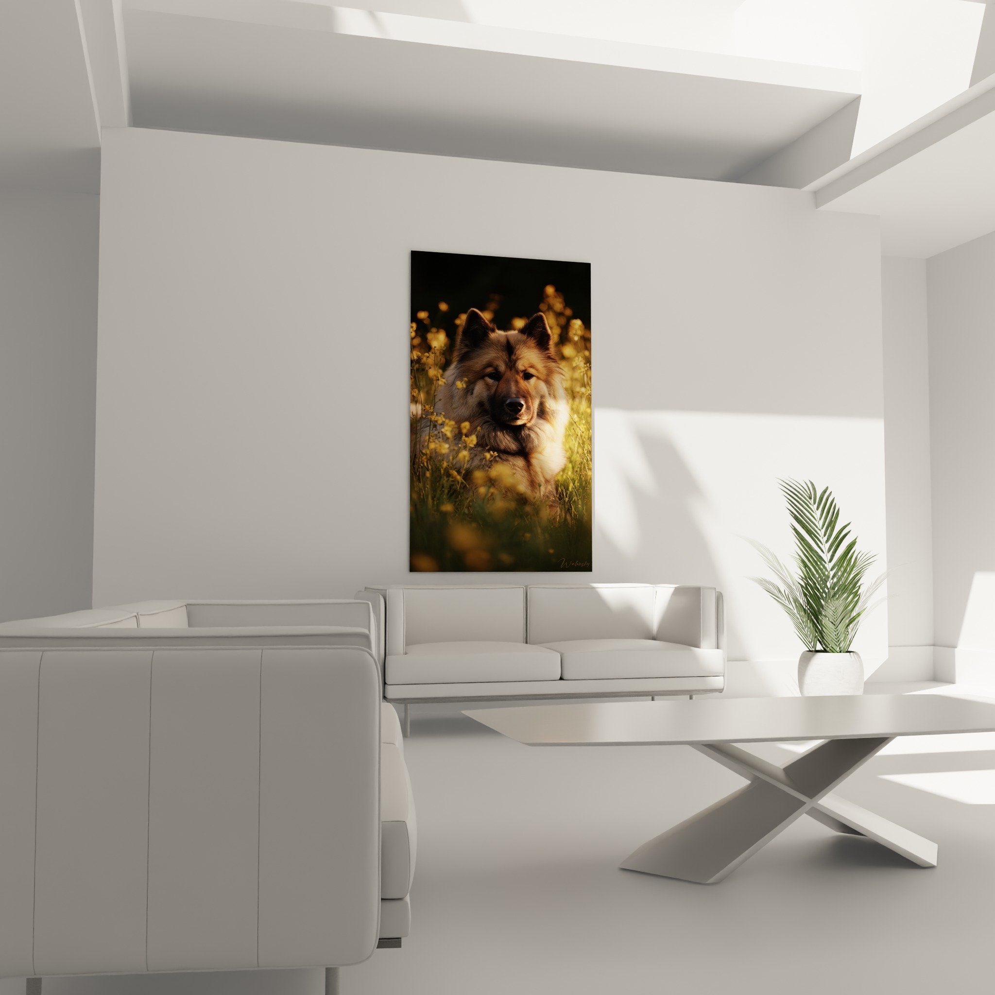 Gros plan Eurasier regard expressif pelage fauve fleurs sauvages lumiere douce