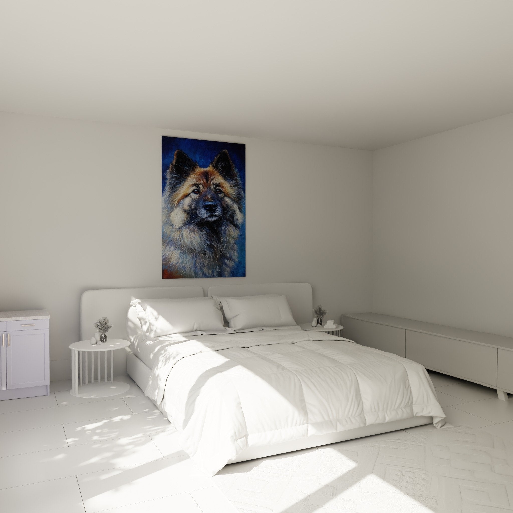 Noble Eurasier portrait in modern bedroom with light walls and natural furniture