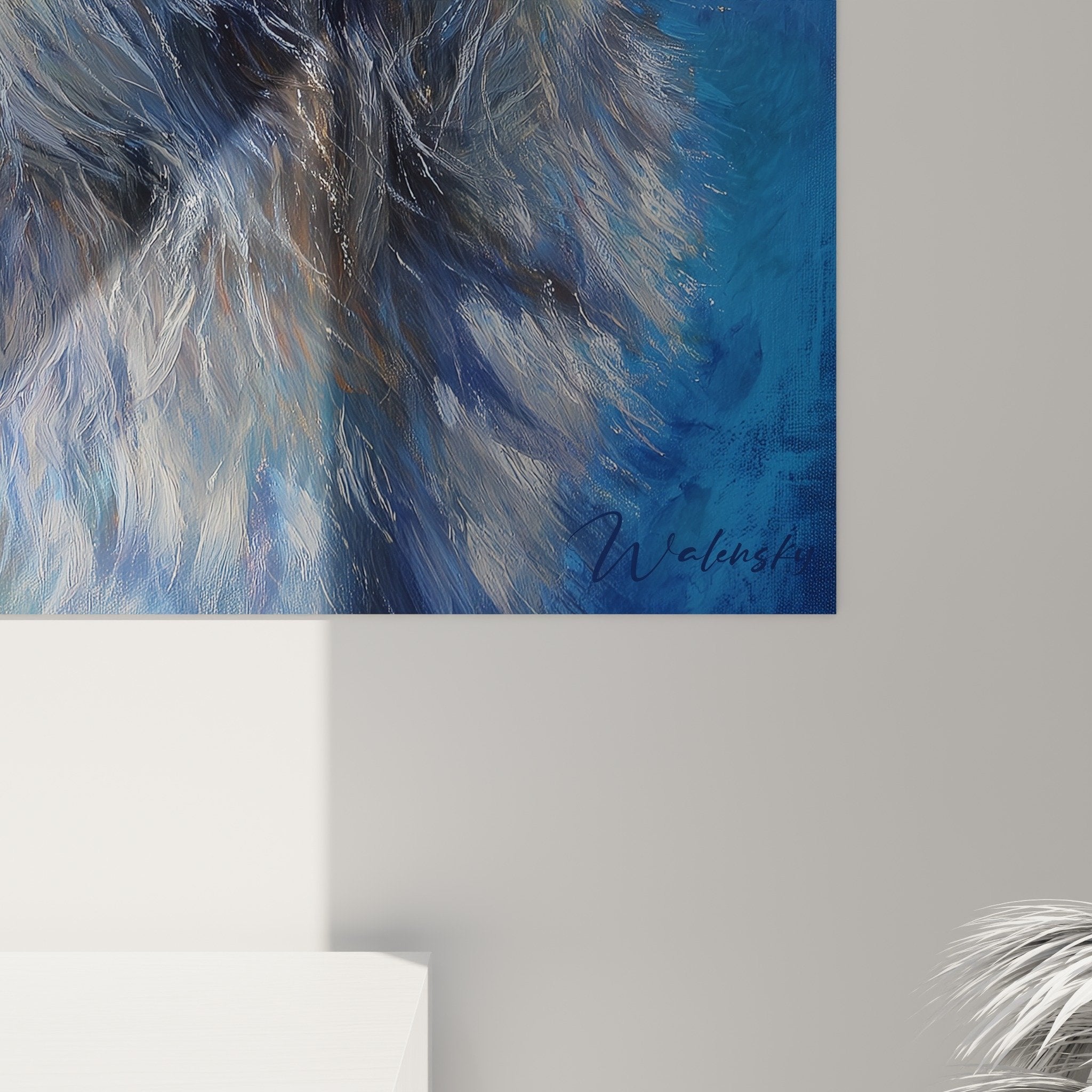 Overview of Eurasier artwork in contemporary living room with serene ambiance