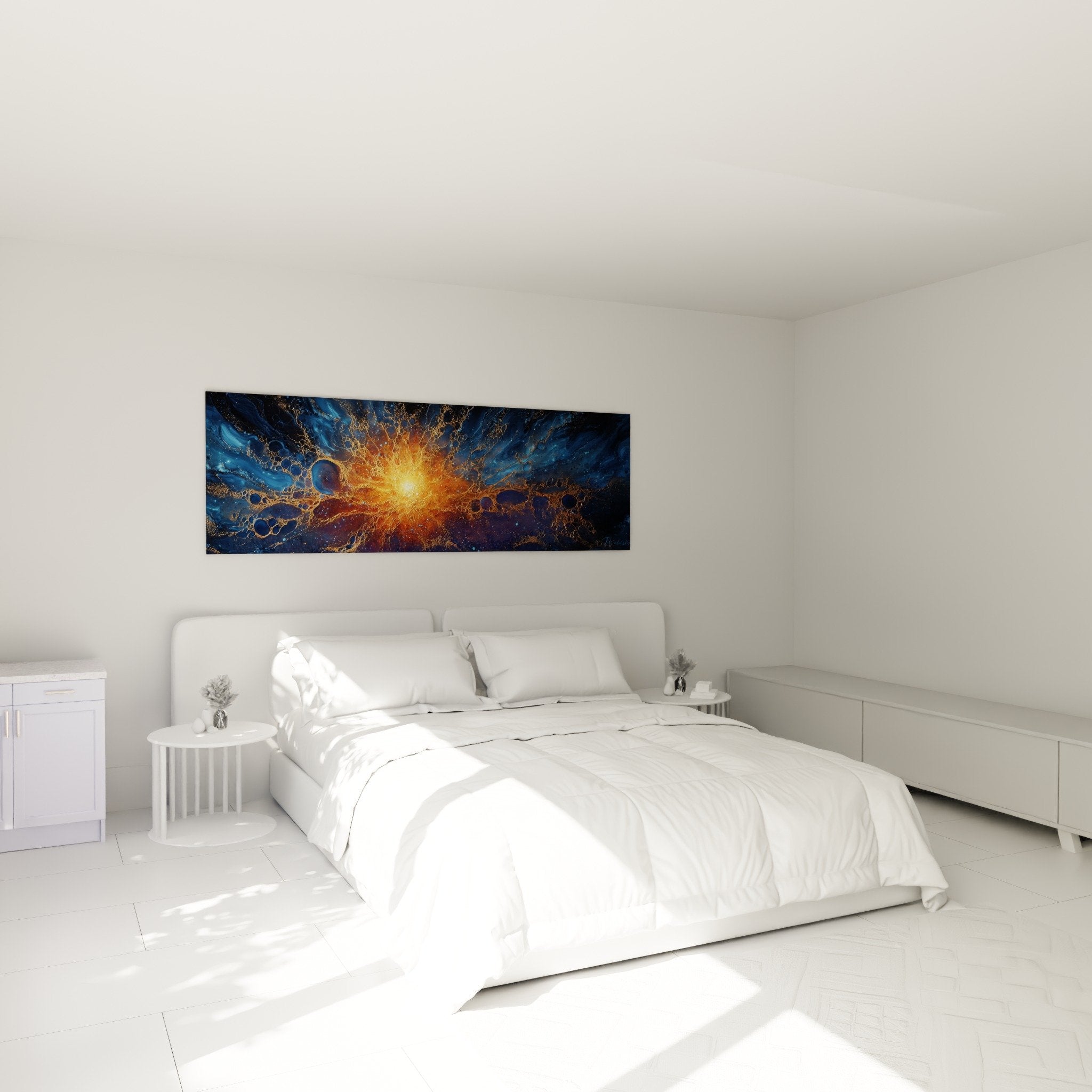 golden and blue cosmic explosion in modern bedroom with contemporary feng shui décor