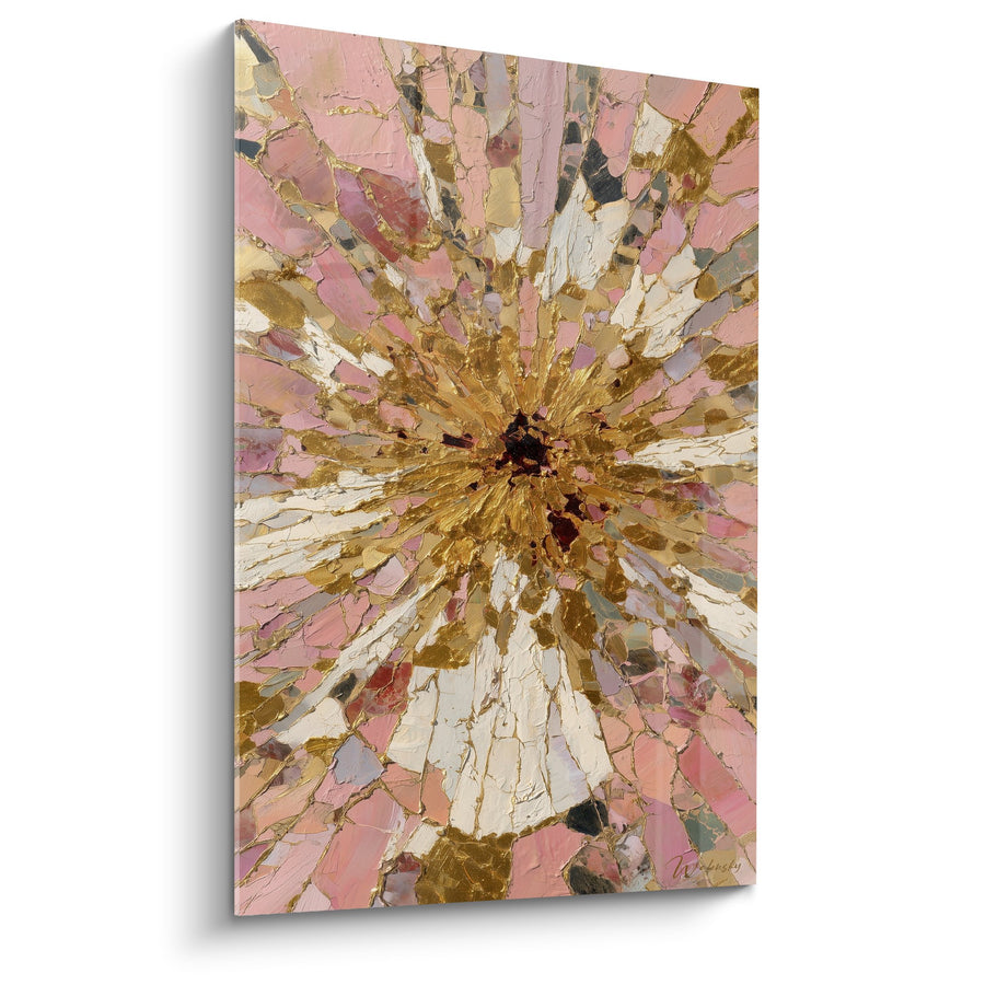 Tableau explosion florale dorée sur fond rose pastel - Éclat rayonnant - Edition Feng shui Sud-Ouest Terre