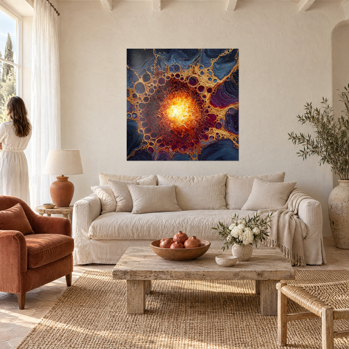 Quadro esplosione solare dorata con bolle ambrate su sfondo blu notte, donna in abito bianco, sopra un divano in un soggiorno luminoso