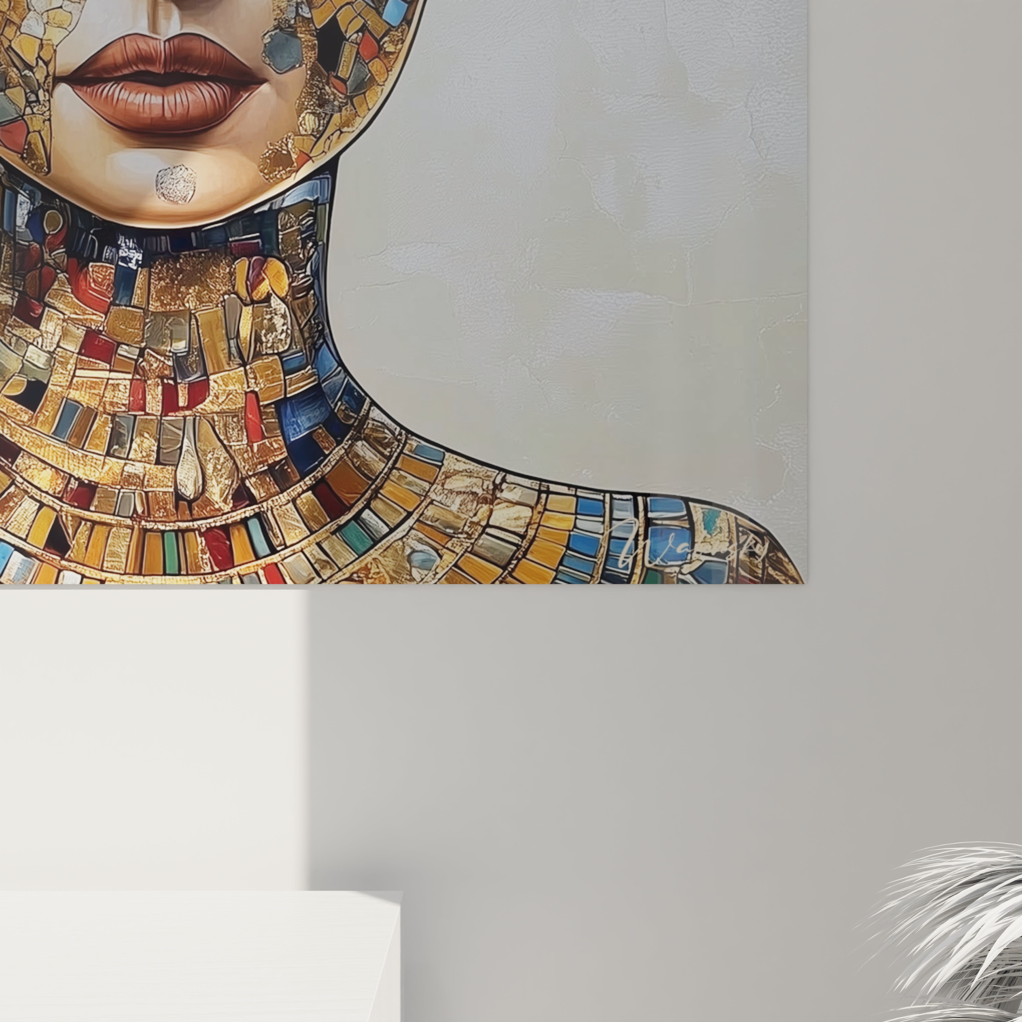 Tableau Egypte mural style mosaïque colorée avec visage féminin et bijoux dorés Walensky