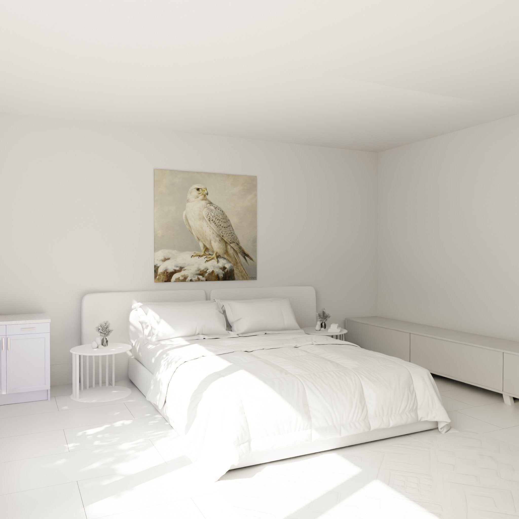 Falken-Gemälde beige und grau im skandinavischen Schlafzimmer an weißer Wand mit hellem Holzmobiliar naturale Atmosphäre