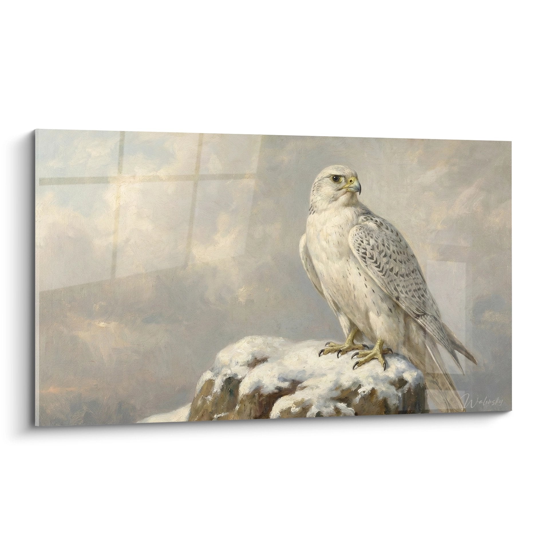 Majestätischer weißer Falke auf verschneitem Felsen thronend, makellose Federn, goldener Blick, Winterlandschaft in Pudertönen