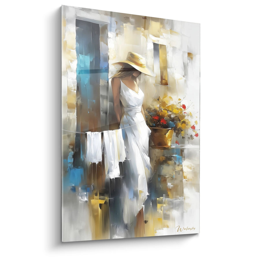 Tableau femme élégante en blanc et chapeau avec bouquet de fleurs - Grâce Méditerranéenne - Edition Coquelicot