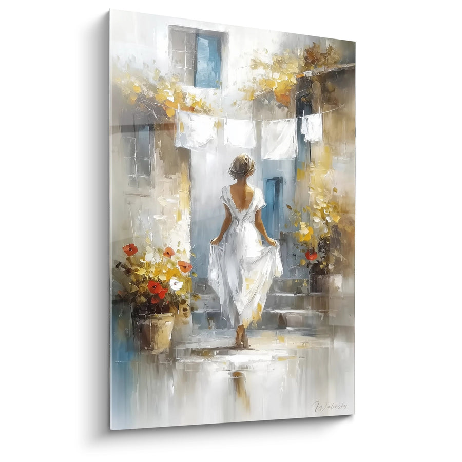 Tableau Femme en Robe Blanche dans Cour Méditerranéenne avec Linge et Fleurs Rouges - Douceur Provençale - Edition Coquelicot