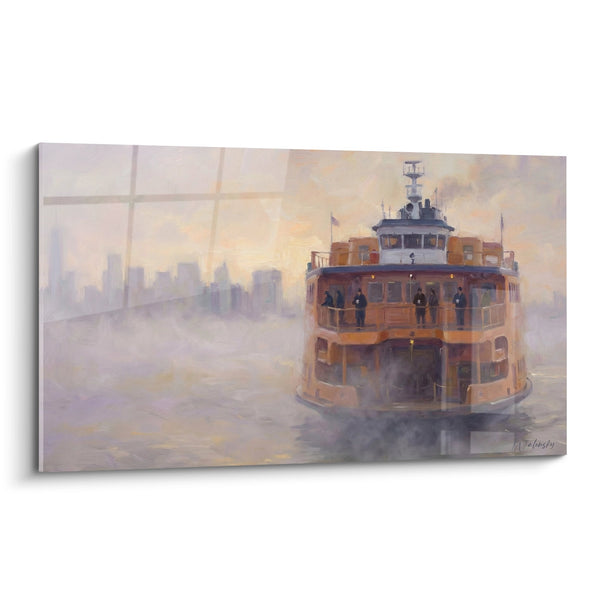 Cuadro del Ferry en Tonos Naranja en la Niebla Matutina - Cruce Urbano - Edición Saten Island