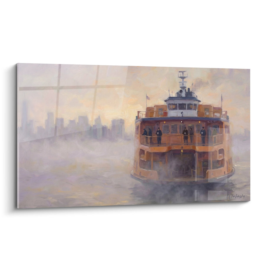 Tableau Ferry aux Tons Oranges dans la Brume Matinale - Traversée Urbaine - Edition Saten Island