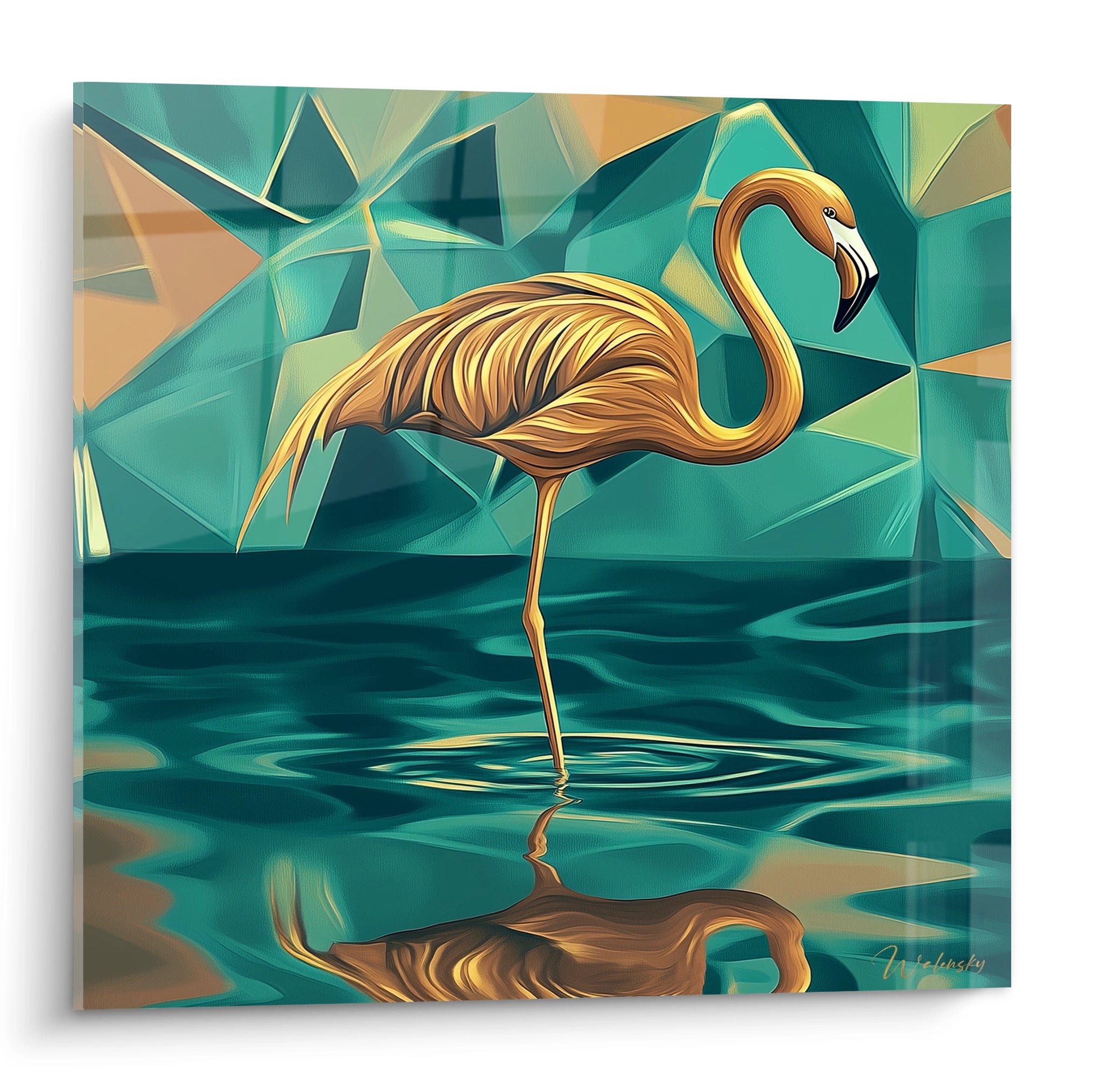 Tableau flamand rose en or sur fond turquoise et aquatique, signé par Walensky
