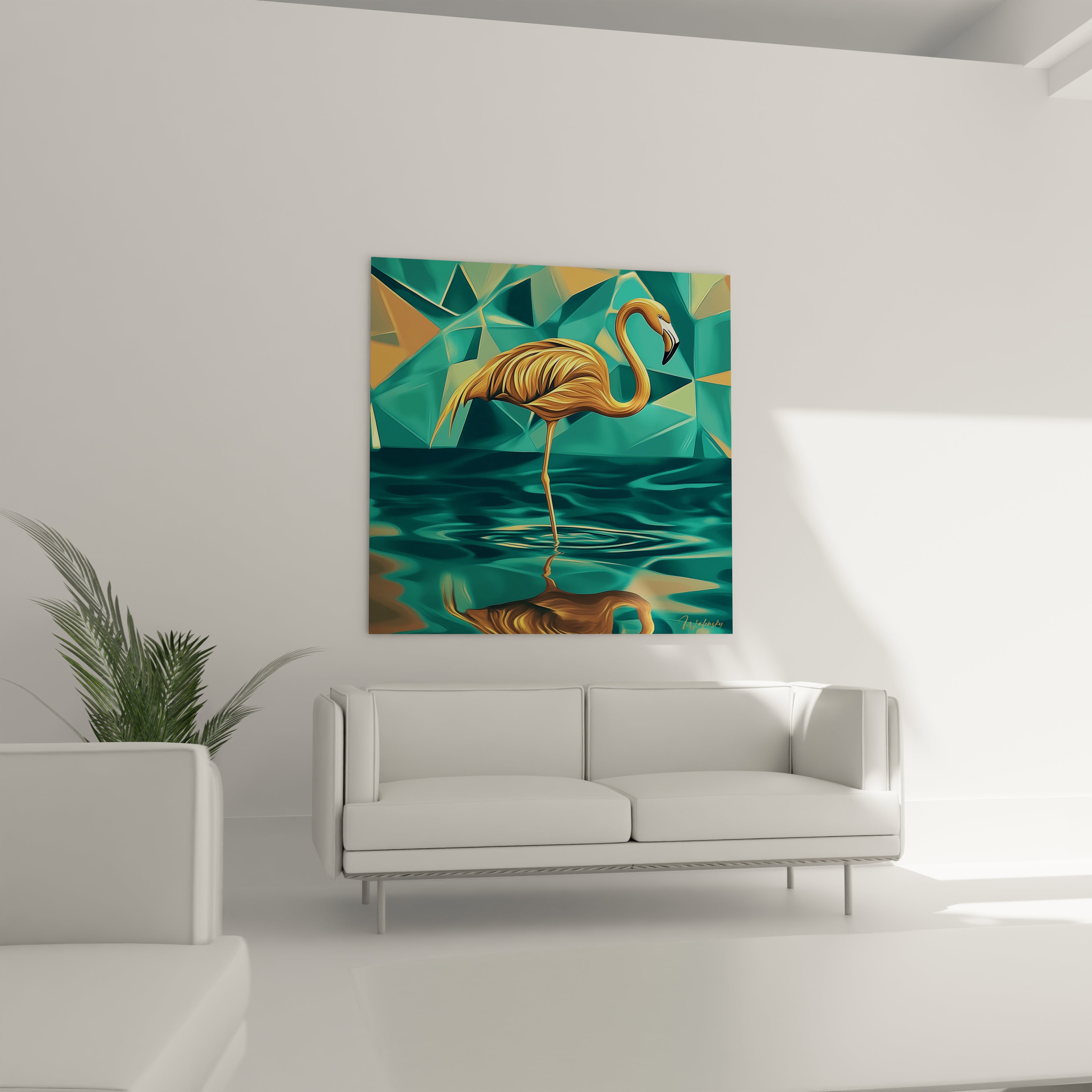 Tableau flamand rose stylisé avec un reflet dans l'eau, décor moderne pour un intérieur élégant