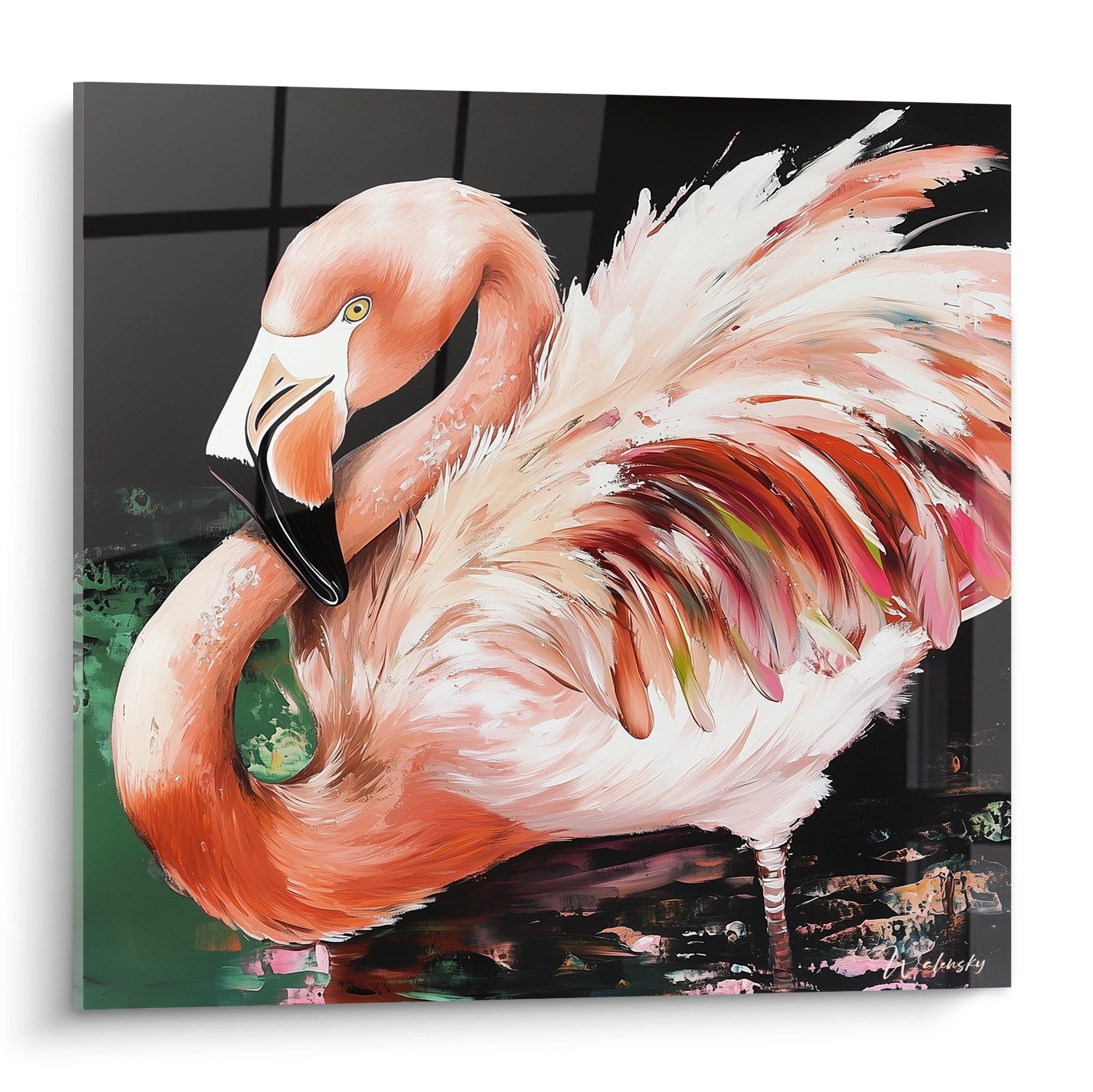 Tableau flamand rose coloré de Walensky avec des plumes vibrantes et un fond artistique