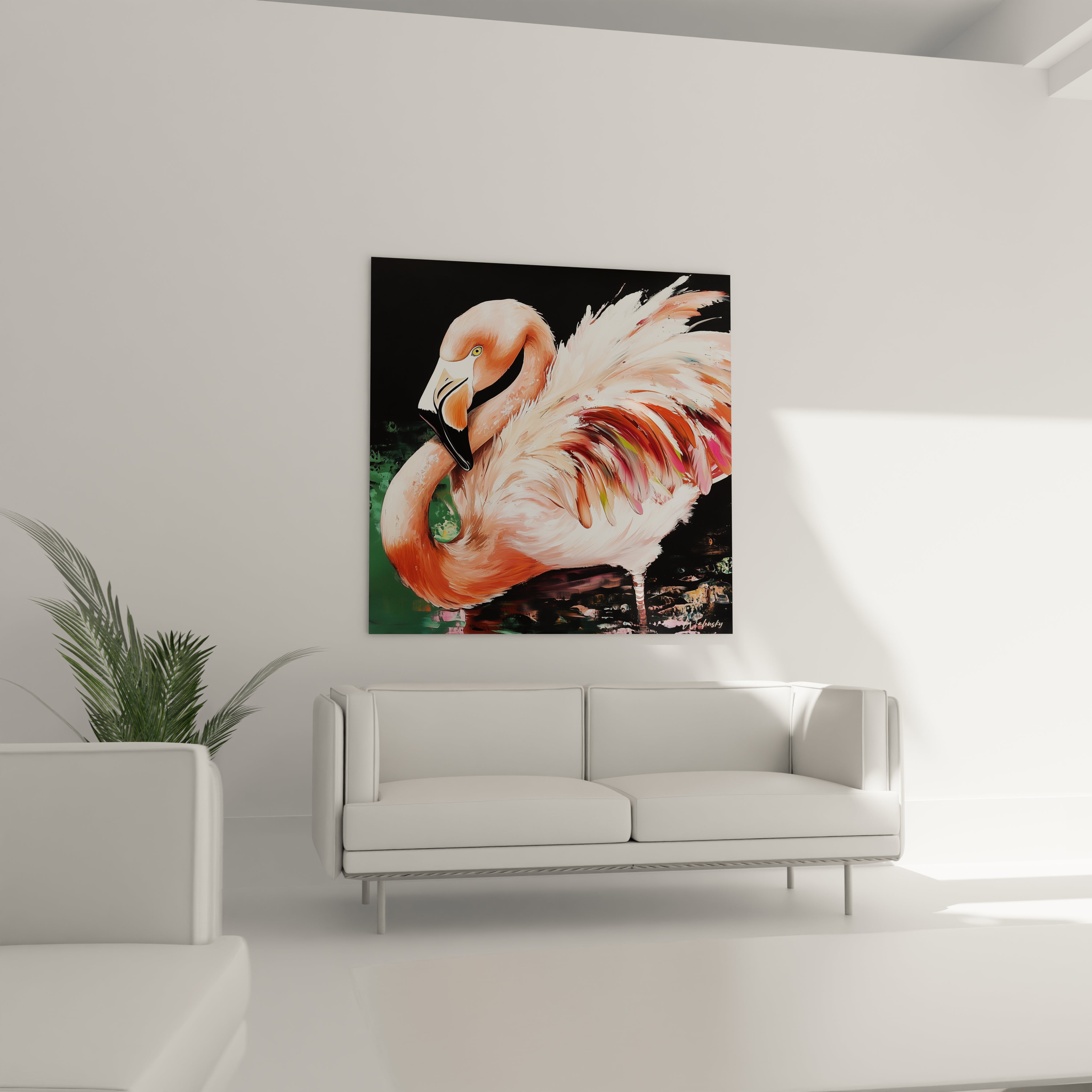 Tableau de flamant rose Walensky sur toile avec des couleurs vives et un fond noir
