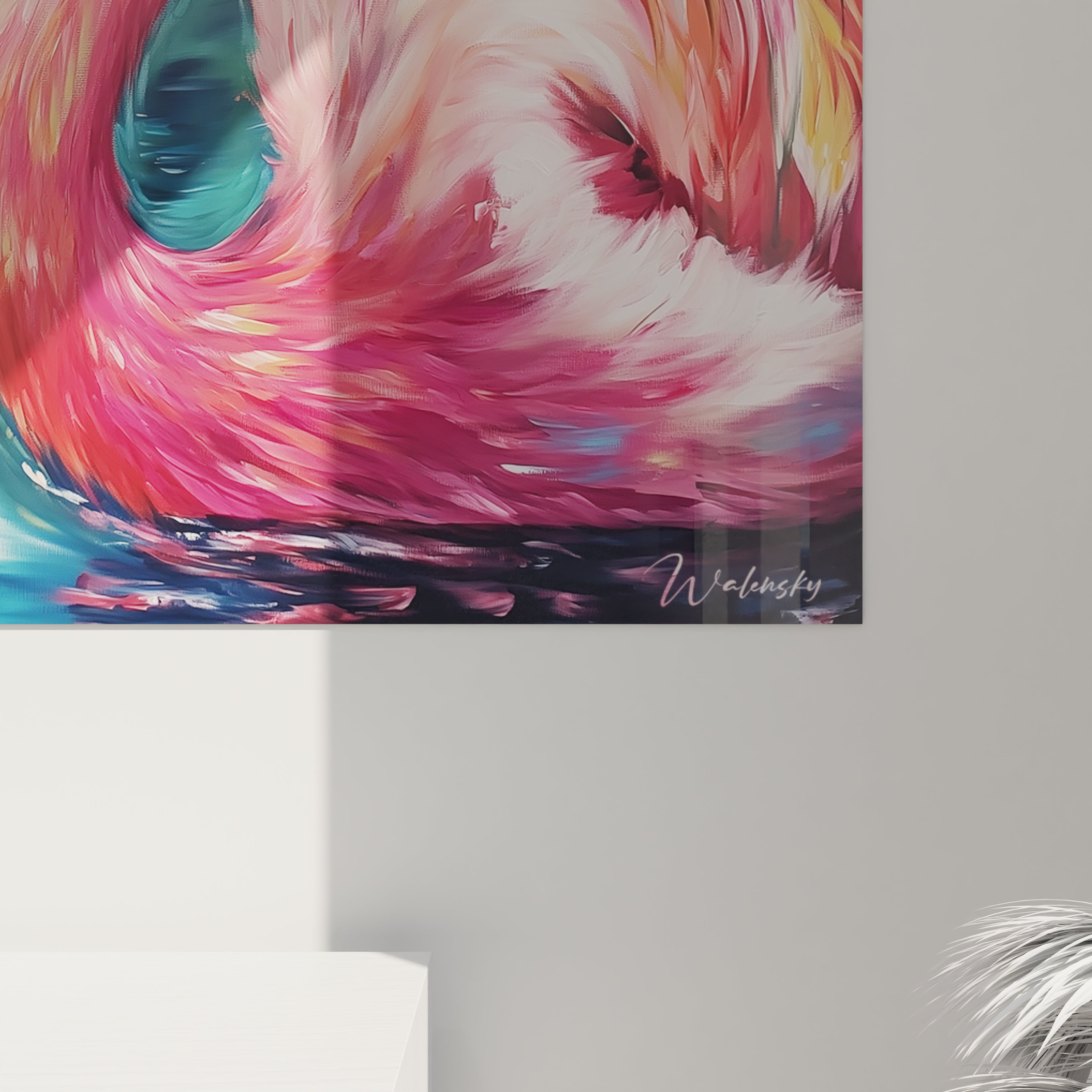 Tableau coloré de flamand rose de Walensky avec des nuances vives et des détails artistiques.