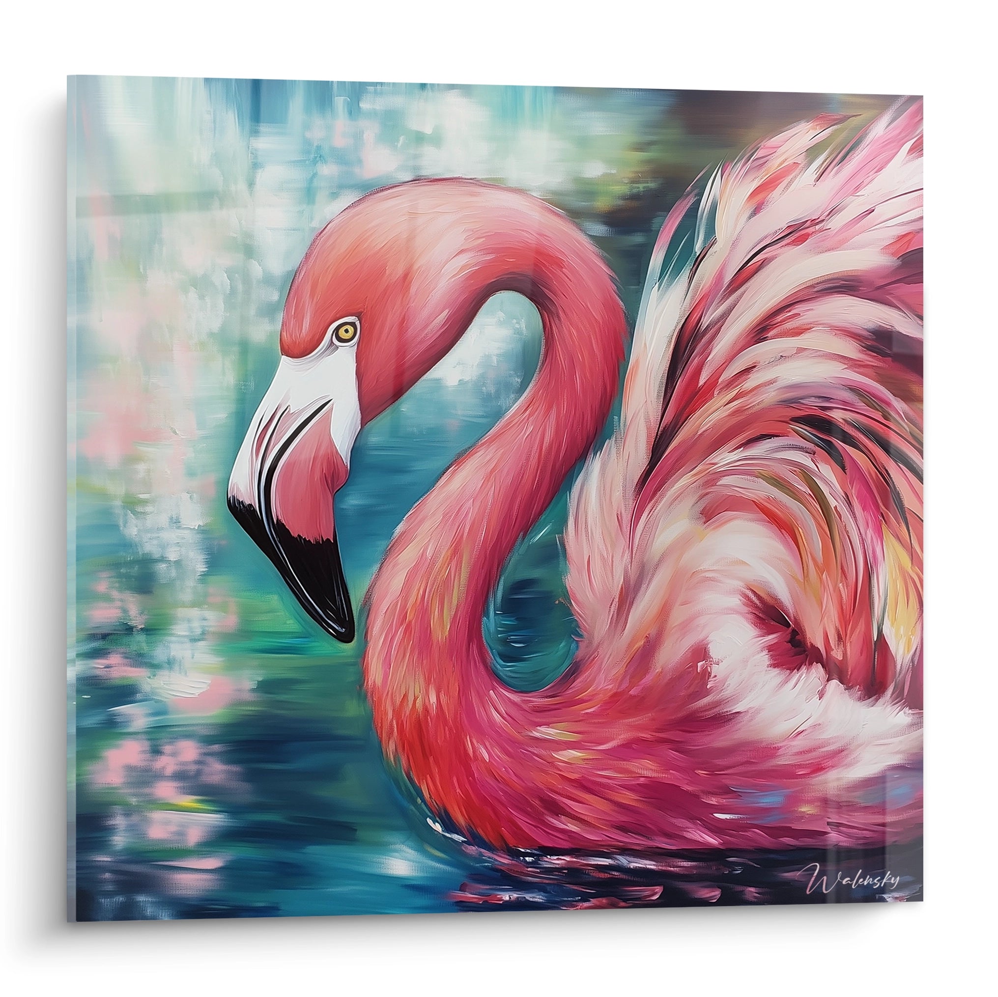 Tableau de flamant rose coloré par Walensky avec des détails vibrants et un fond apaisant