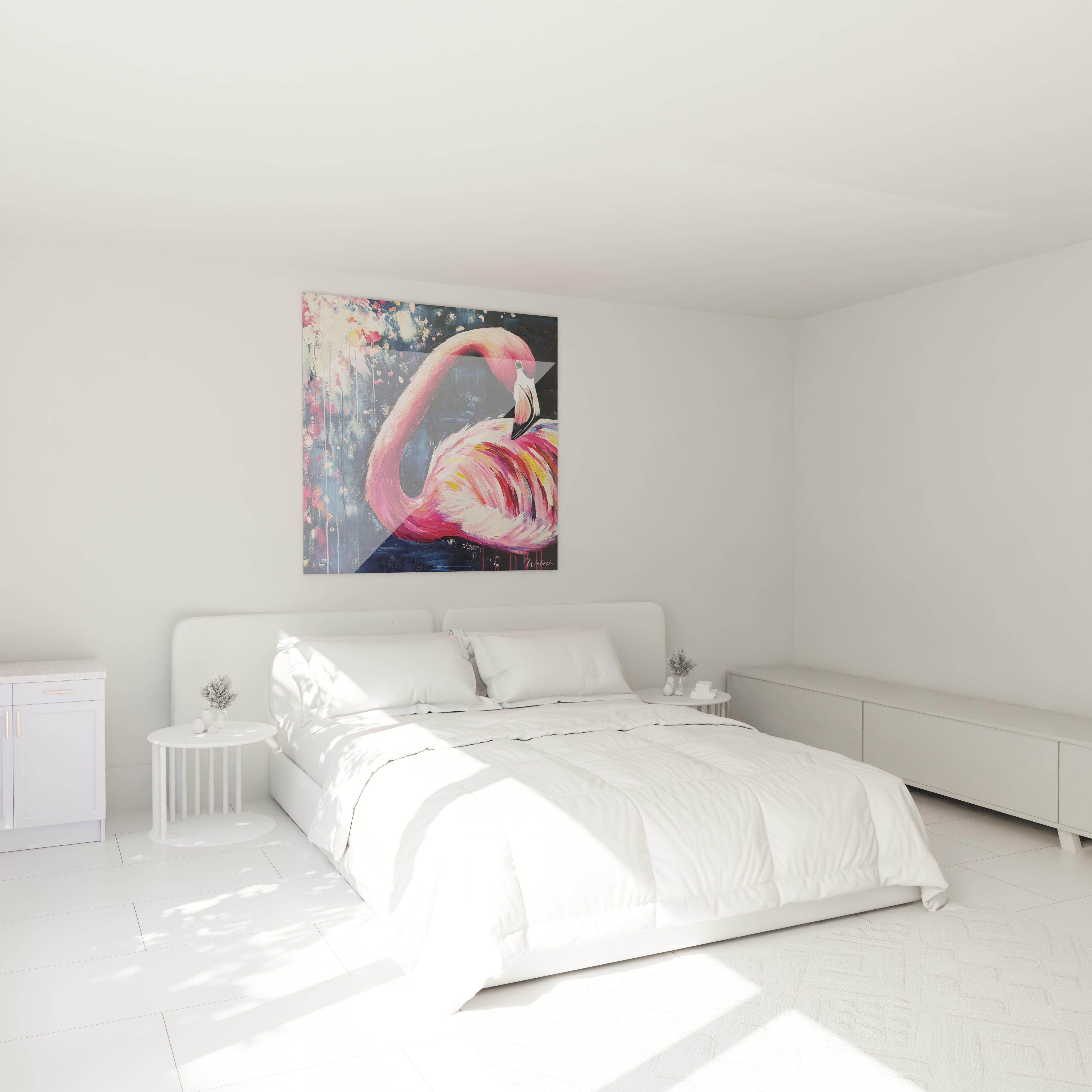 Tableau flamand rose de Walensky accroché au mur dans une chambre moderne et lumineuse