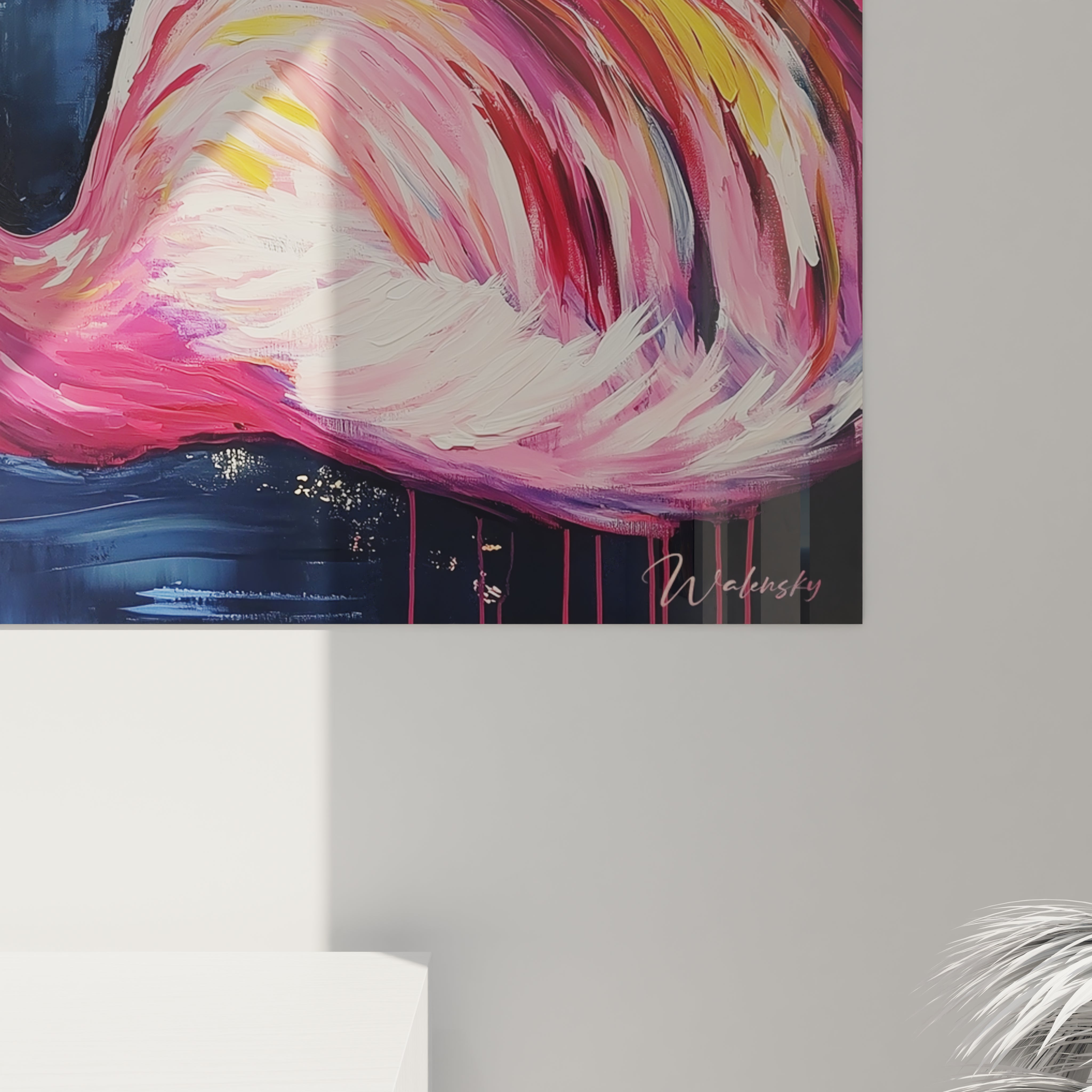 Tableau flamand rose coloré de Walensky avec des touches abstraites et un fond bleu 