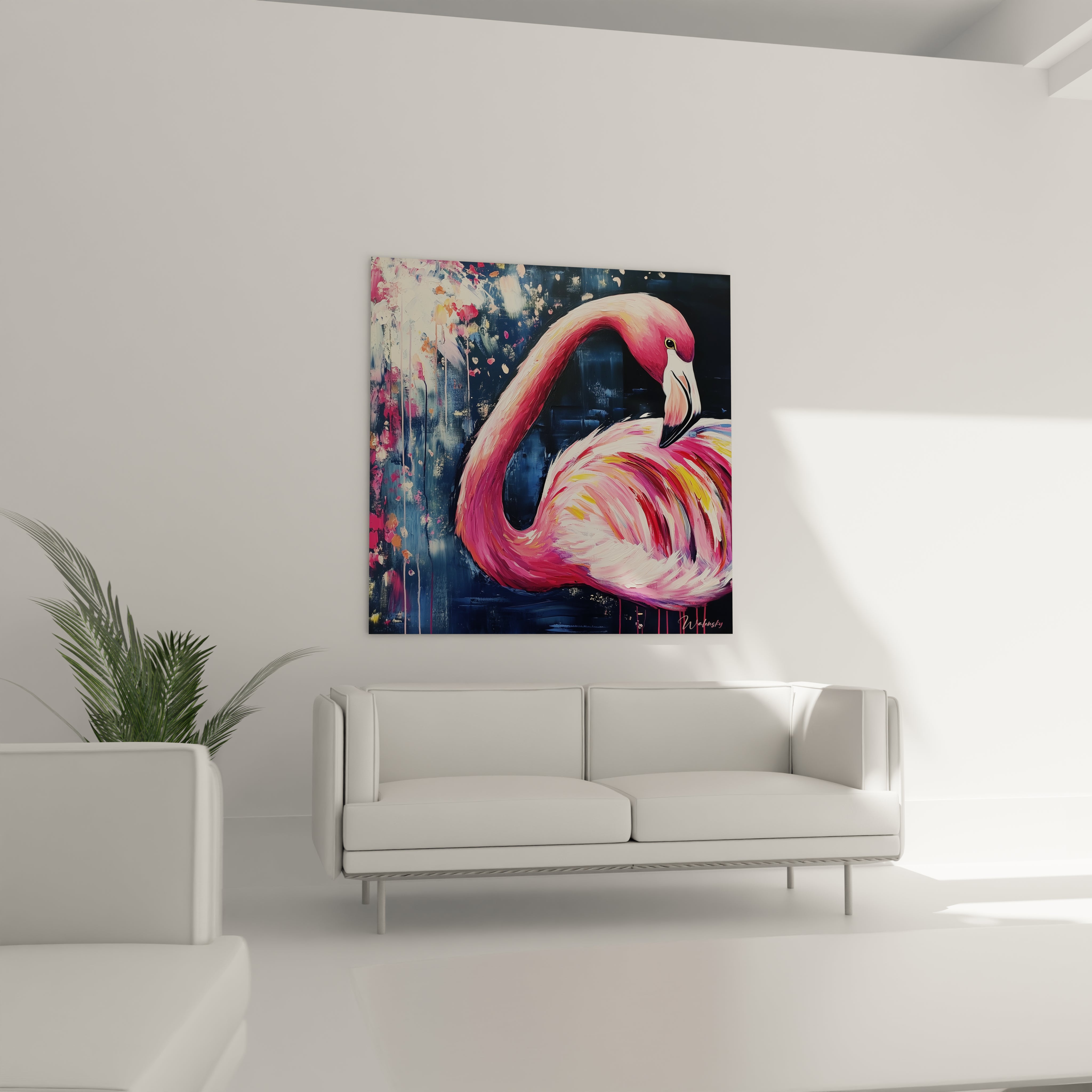 Tableau flamand rose coloré de Walensky, parfait pour décorer un salon moderne