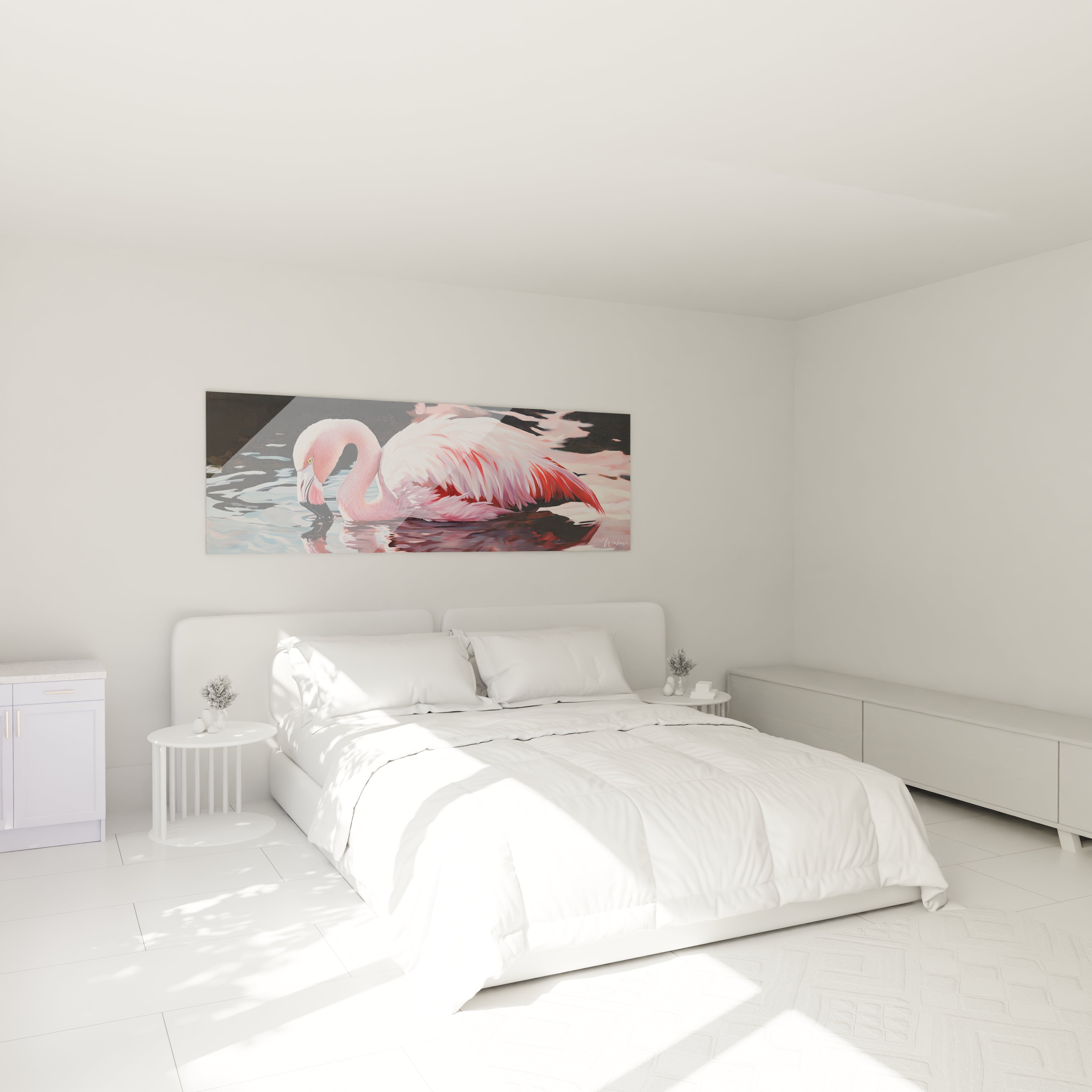 Tableau flamand rose Walensky sur un mur dans une chambre moderne avec lit blanc