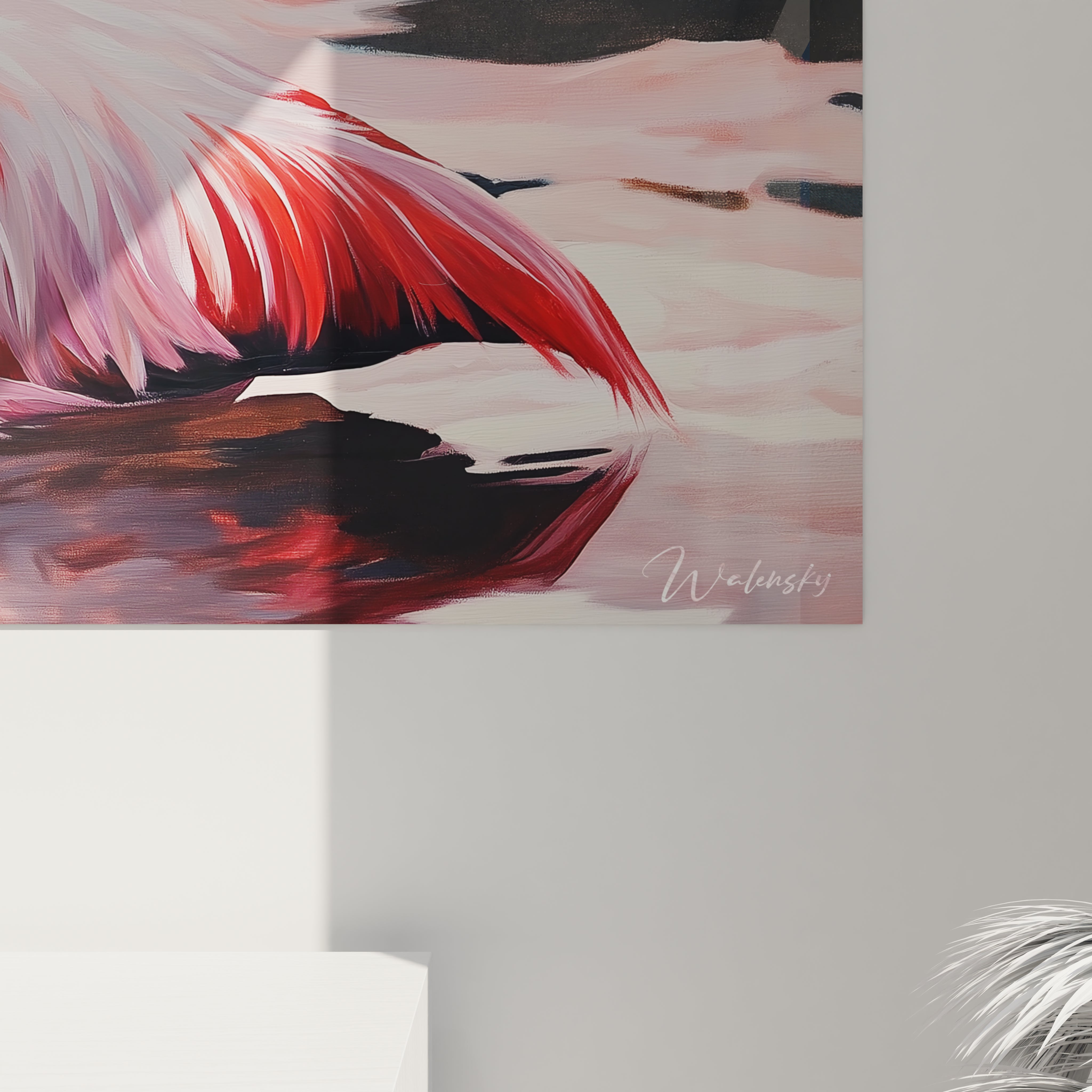 Tableau flamand rose peint à la main par Walensky avec des tons roses et rouges vibrants