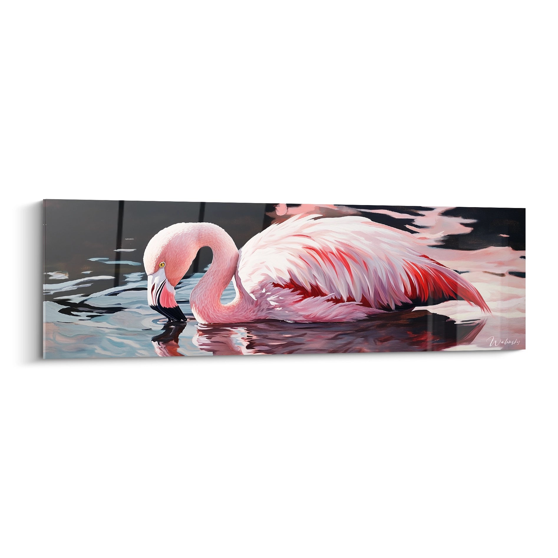 Tableau flamand rose de Walensky représentant un flamant au bord de l'eau avec des reflets colorés