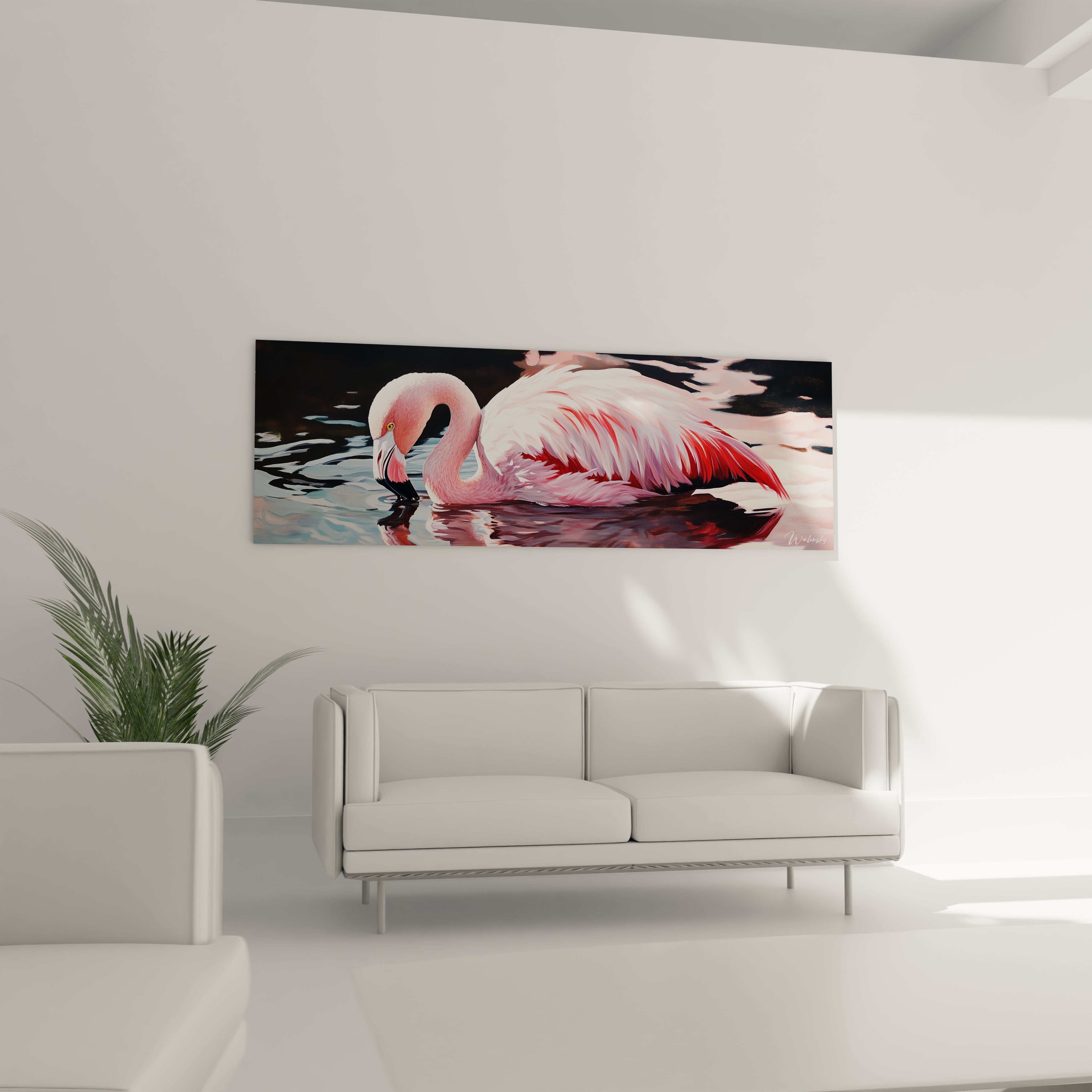 Tableau de flamant rose élégant sur fond aquatique, idéal pour la décoration intérieure moderne