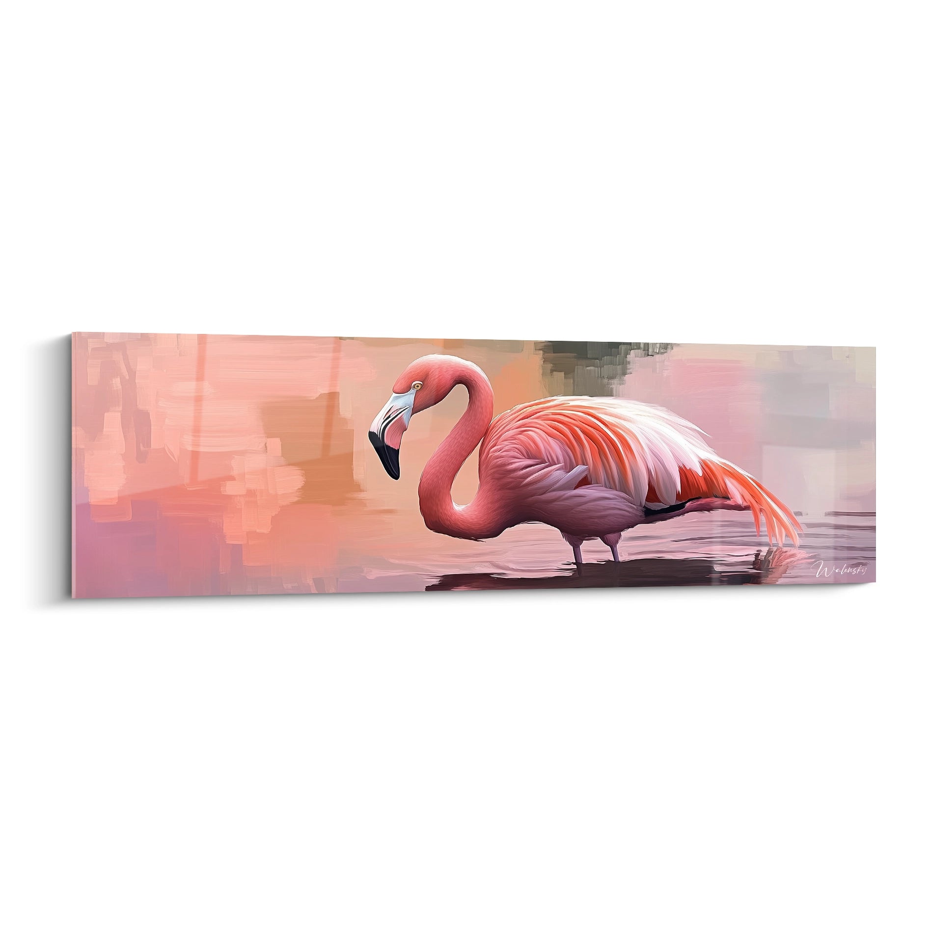 Tableau Flamant Rose de Walensky avec des Teintes Douces et Abstraites en Fond