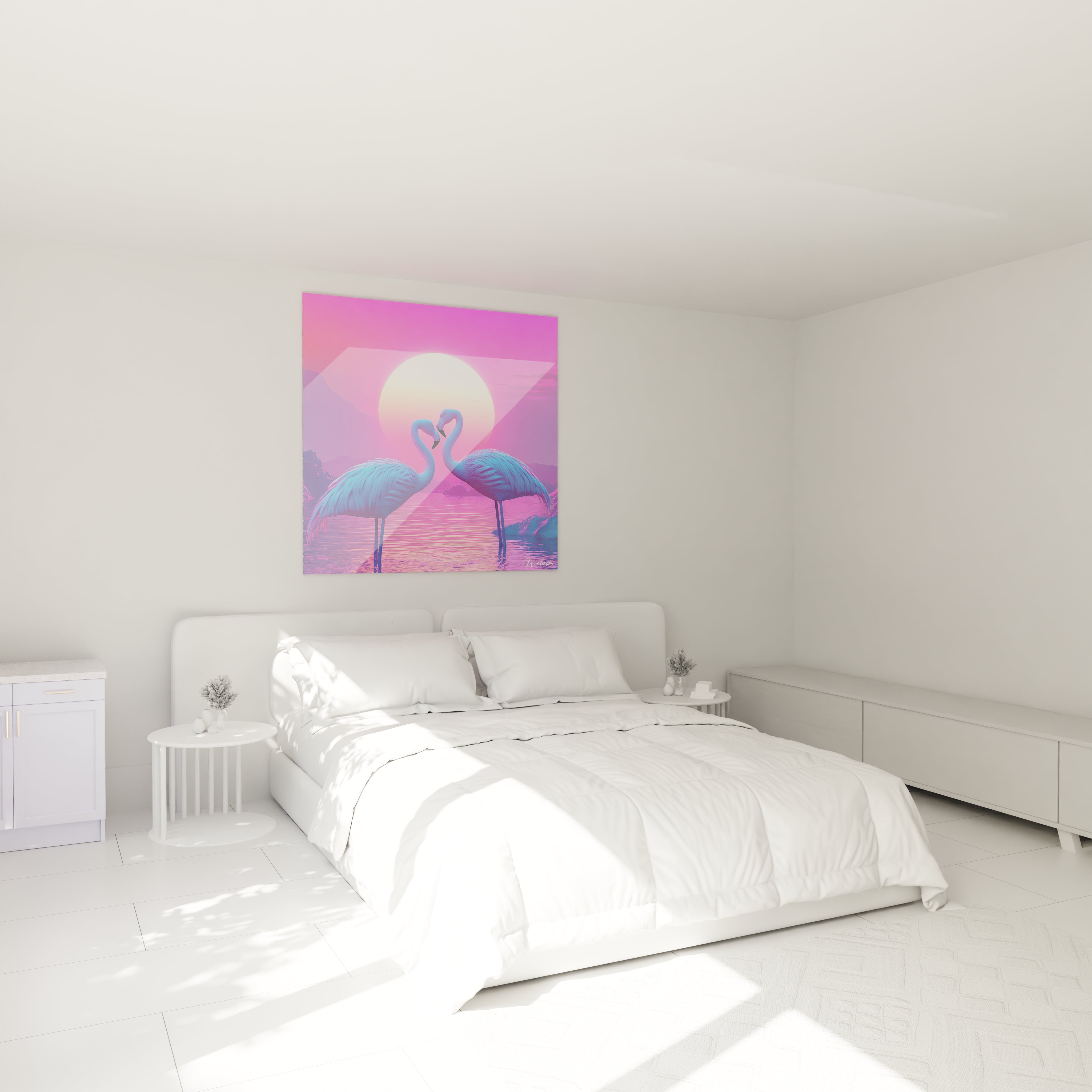 Tableau flamant rose Walensky dans une chambre lumineuse avec coucher de soleil coloré