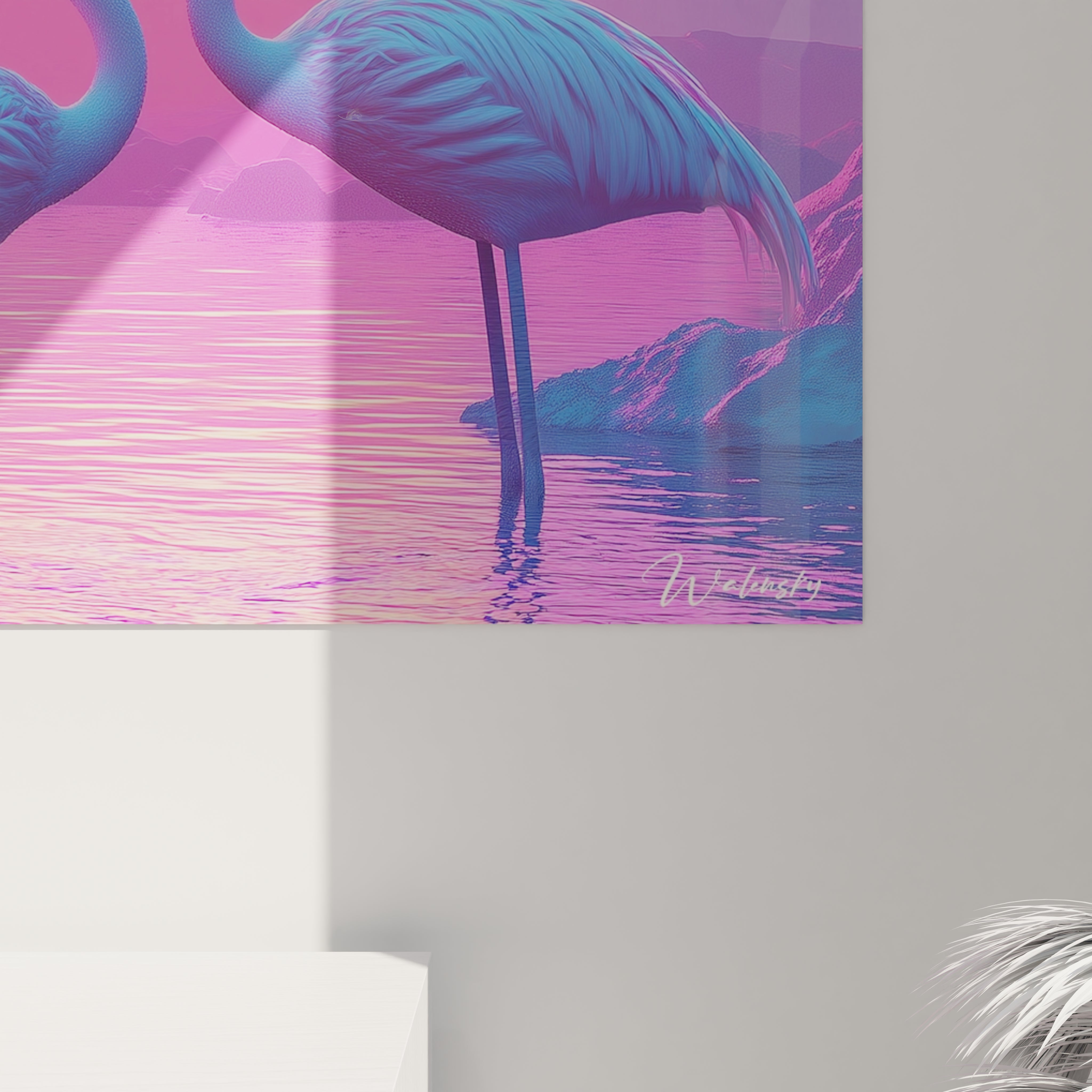 Tableau de flamants roses Walensky sur fond de lacs colorés en rose et violet