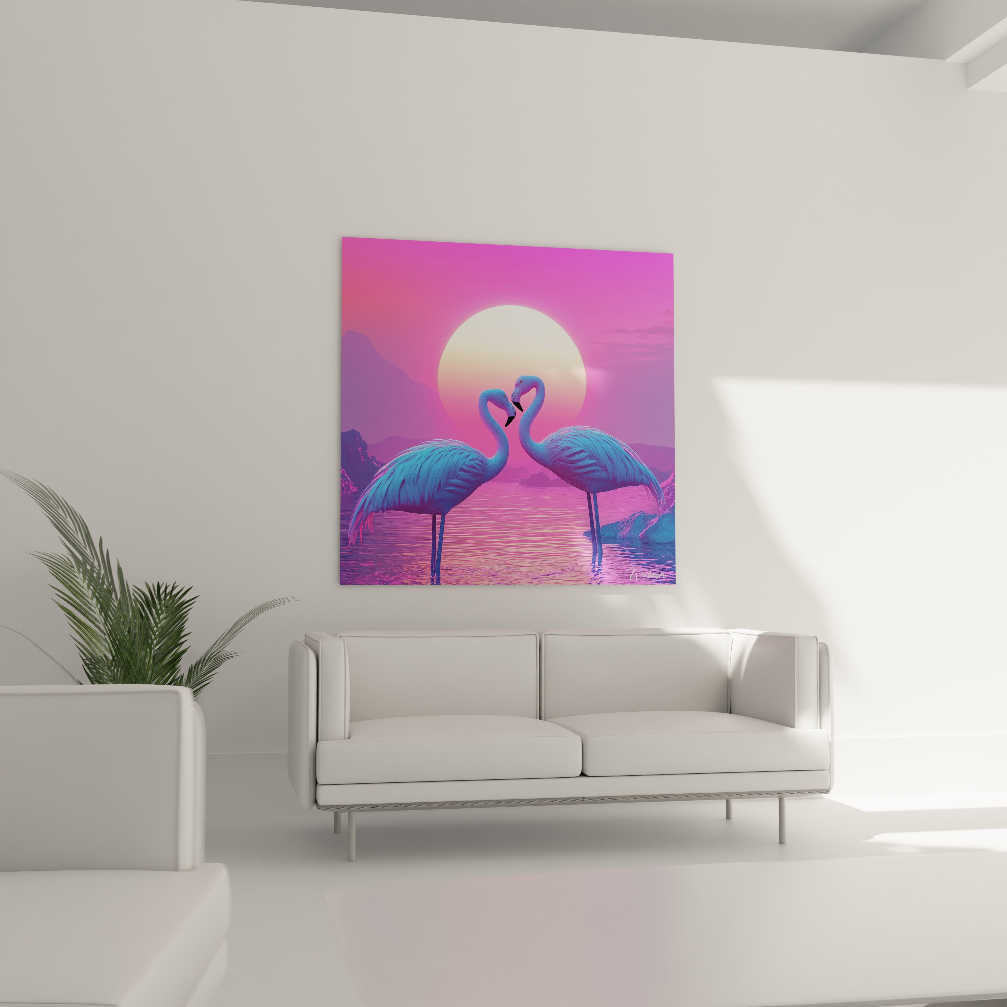 Tableau flamand rose de Walensky avec deux flamants devant un soleil couchant coloré