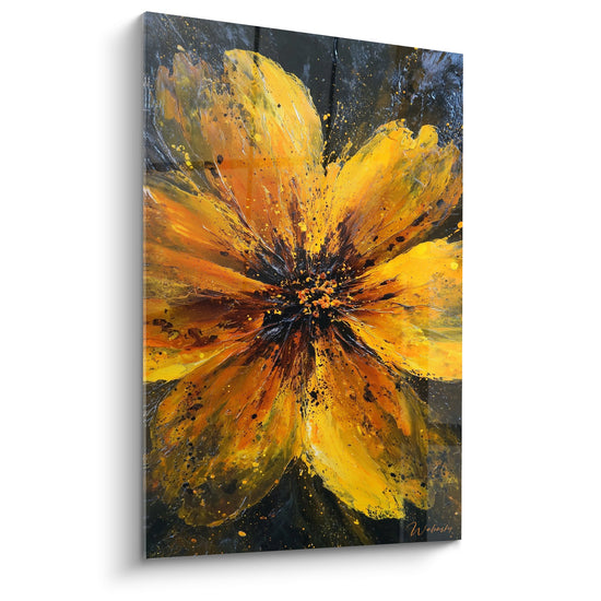 Tableau fleur abstraite explosion petales dores oranges centre noir art contemporain feng shui sud feu