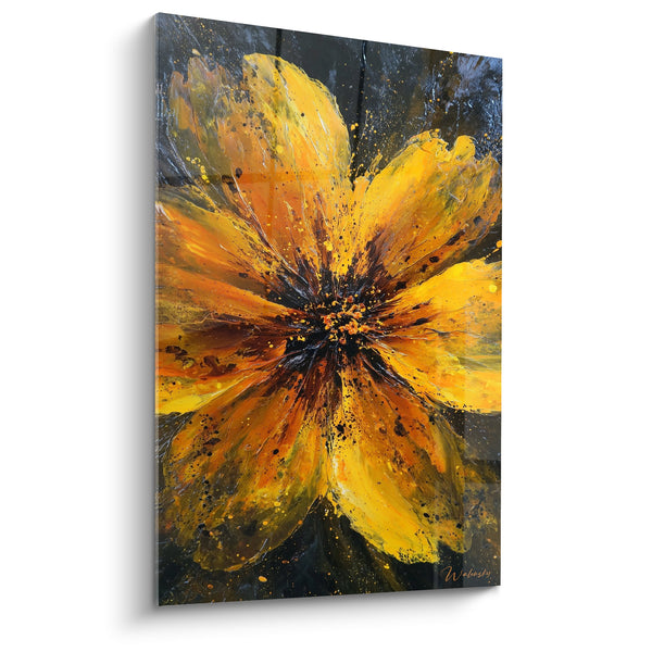 Cuadro floral abstracto con pétalos dorados y naranjas vibrantes - Explosión floral - Edición Feng shui Sur Fuego