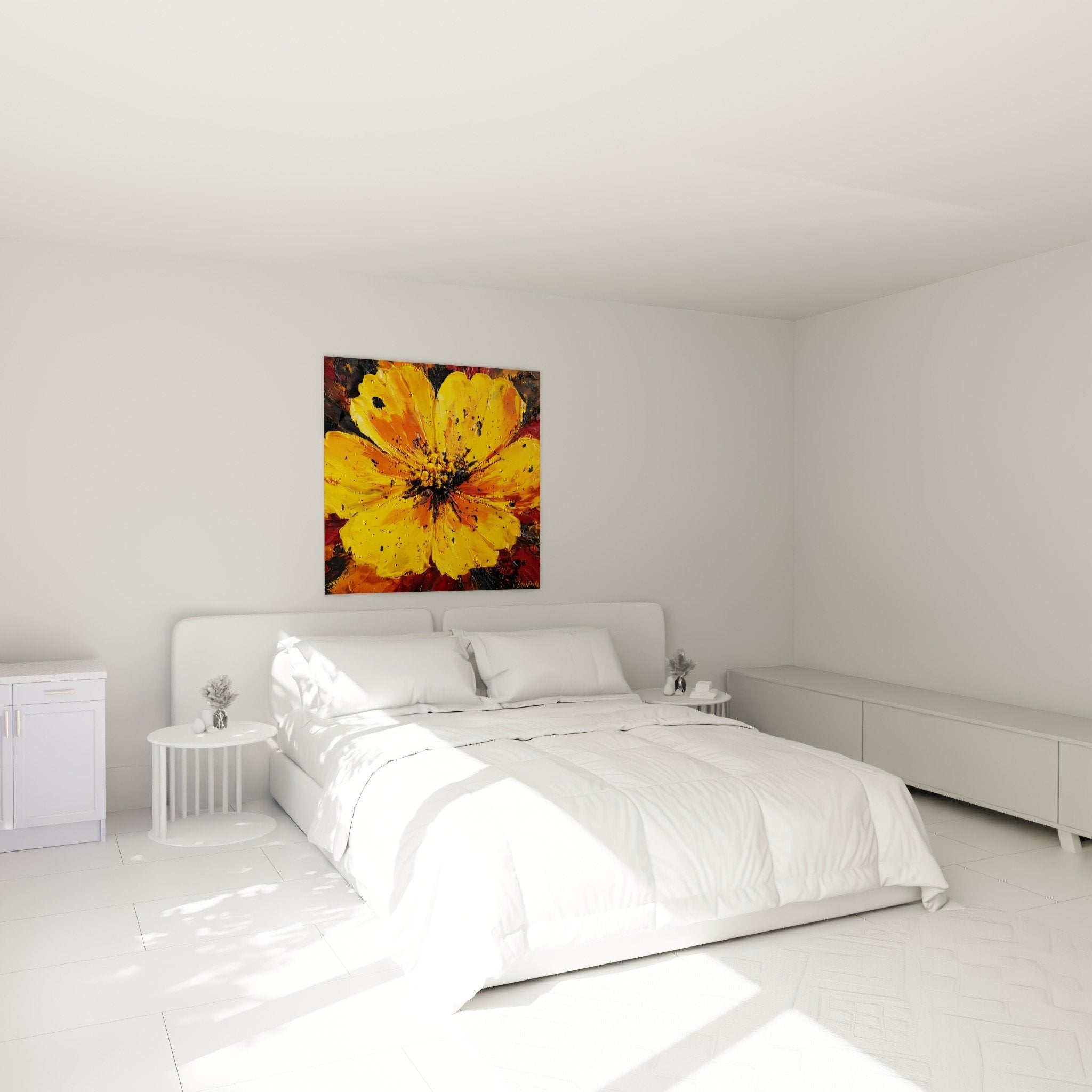 Gelbes orangefarbenes Blumenbild im modernen Schlafzimmer mit weissen Wänden, Feng-Shui-Dekoration, Süden Feuer-Element