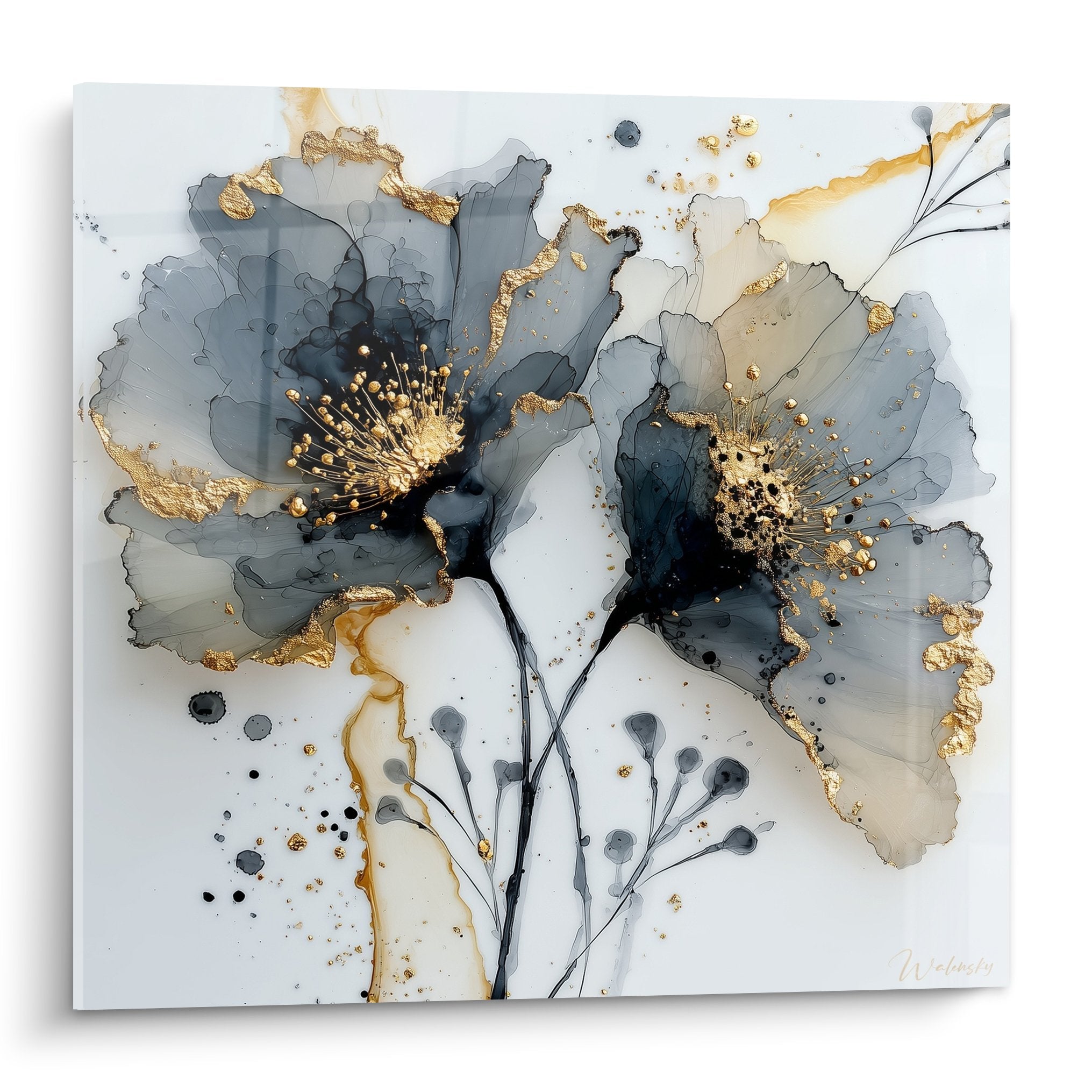Tableau fleurs abstraites bleu gris pistils dores eclats metalliques fond blanc style aquarelle moderne