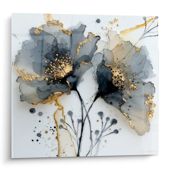 Tableau fleurs abstraites bleu gris pistils dores eclats metalliques fond blanc style aquarelle moderne
