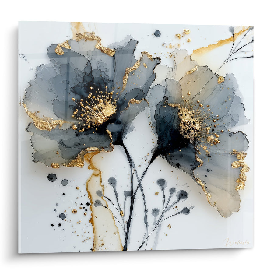 Tableau fleurs abstraites bleu gris et doré aux pistils lumineux - Éclat Floral - Edition Marbre abstrait