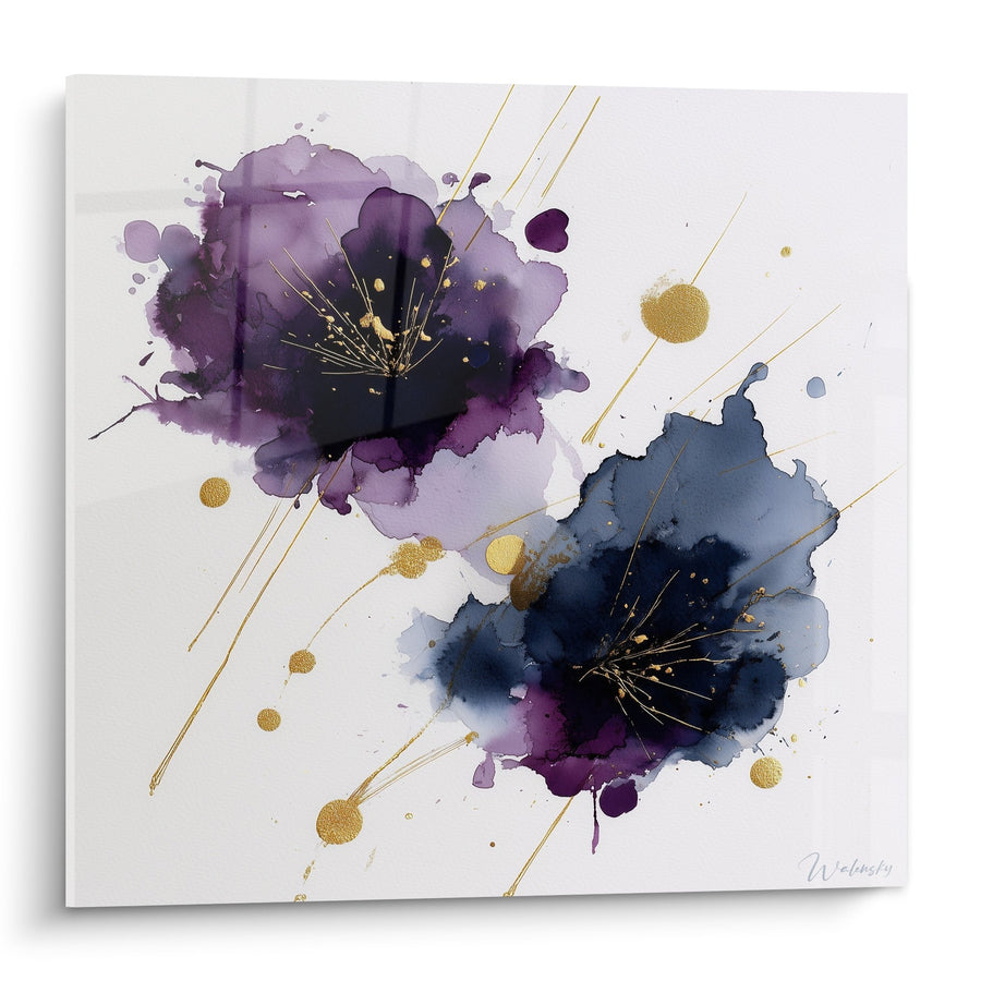 Tableau fleurs abstraites violettes et bleues avec touches dorées - Harmonie Florale - Edition Feng shui Sud-Est Bois